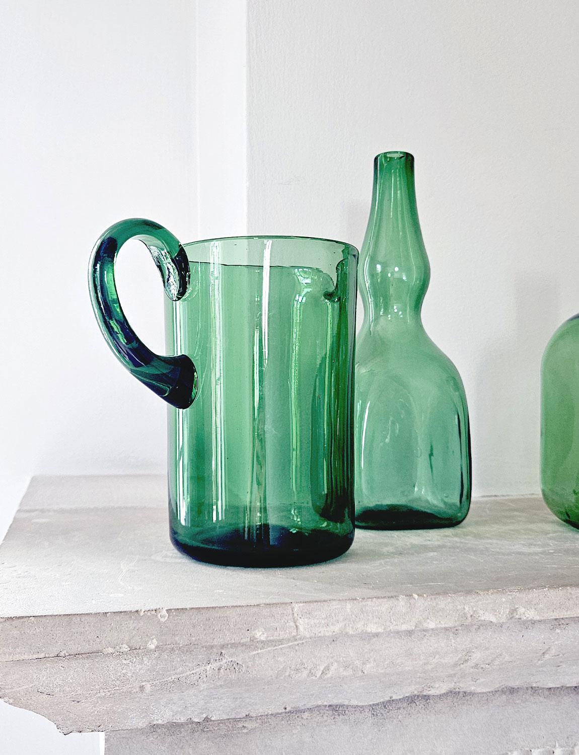 Set of Three 1950s Green Empoli Hand-blown glass Bottles & Jug In Good Condition In Florence, Tuscany
