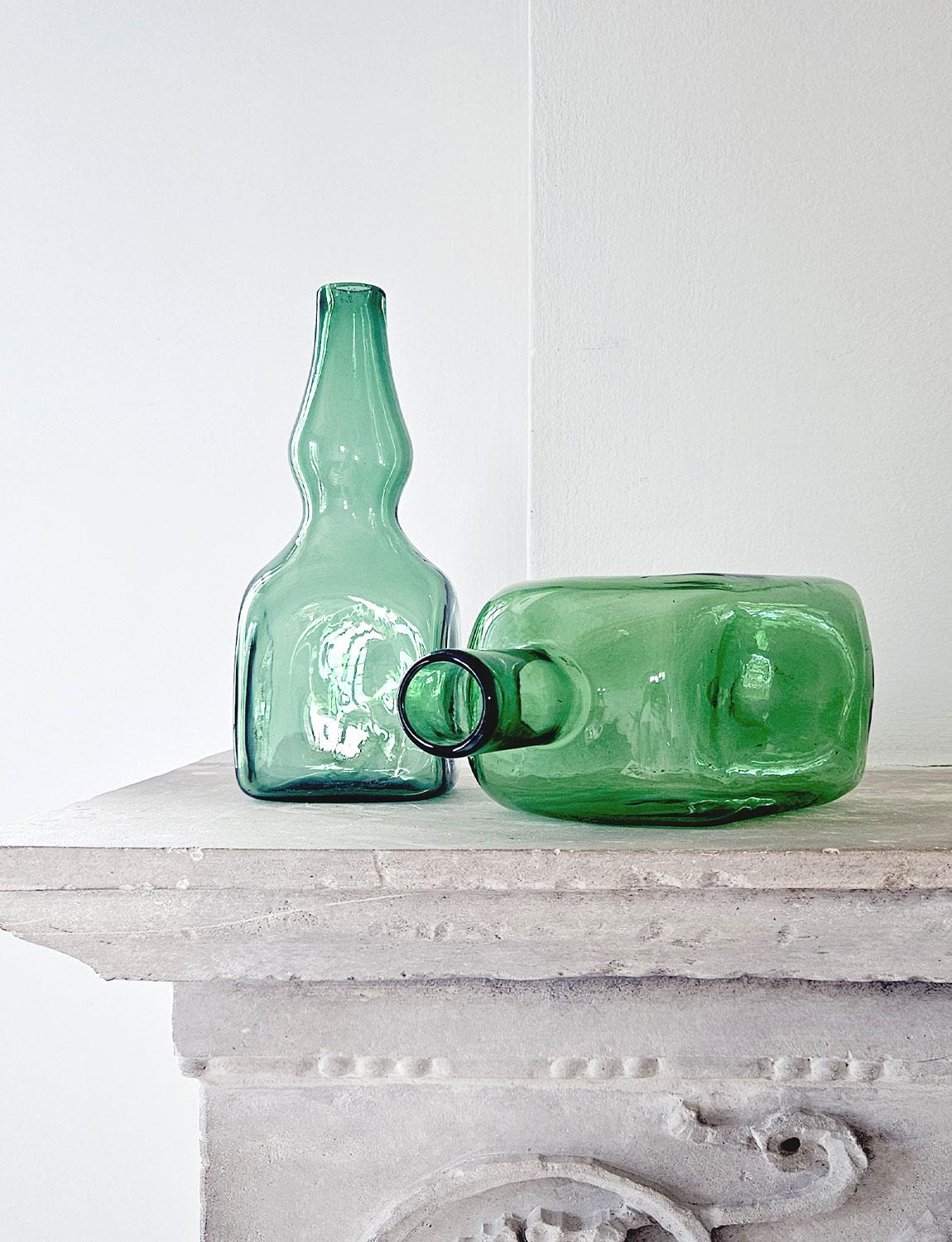 Mid-20th Century Set of Three 1950s Green Empoli Hand-blown glass Bottles & Jug