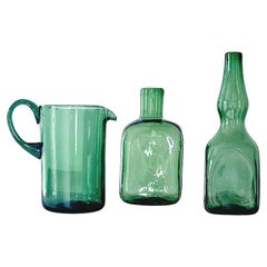 Vintage Set of Three 1950s Green Empoli Hand-blown glass Bottles & Jug
