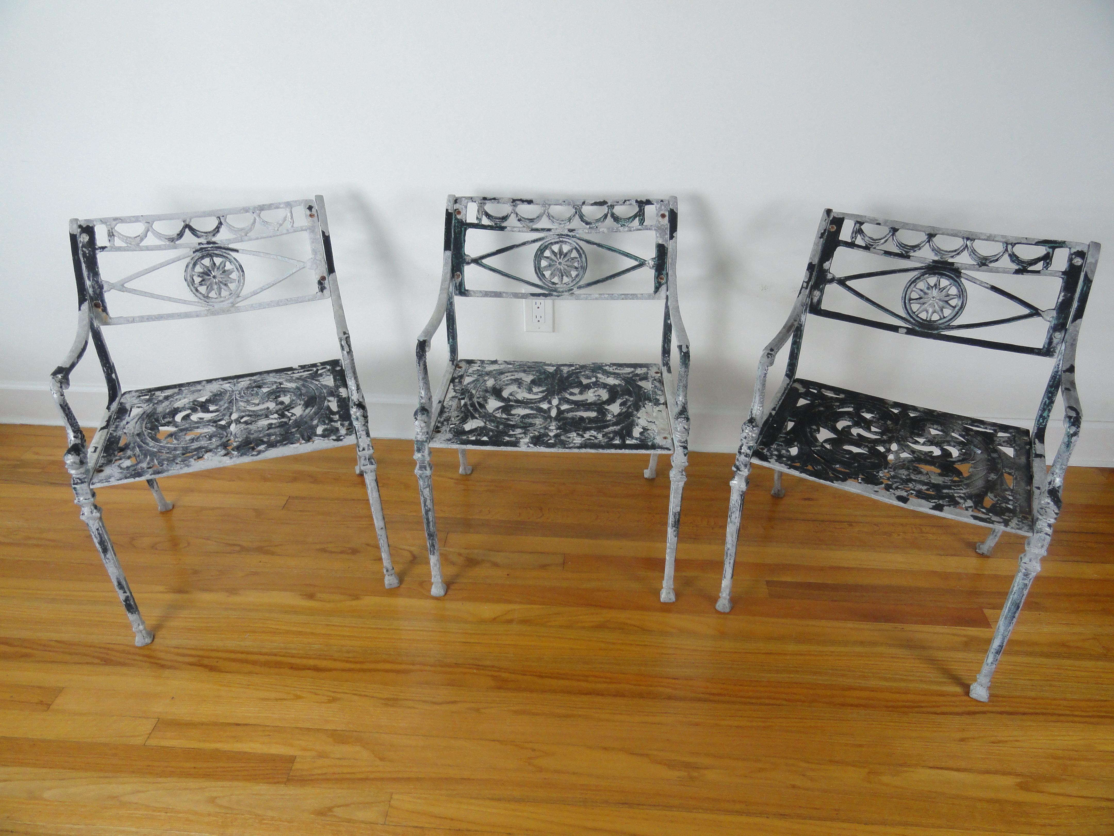 Set of three Molla aluminum Dolphin chairs from the 1960s. Dolphin arms. Sturdy and heavy. Vintage finish, naturally chipping finish. See detail pics.