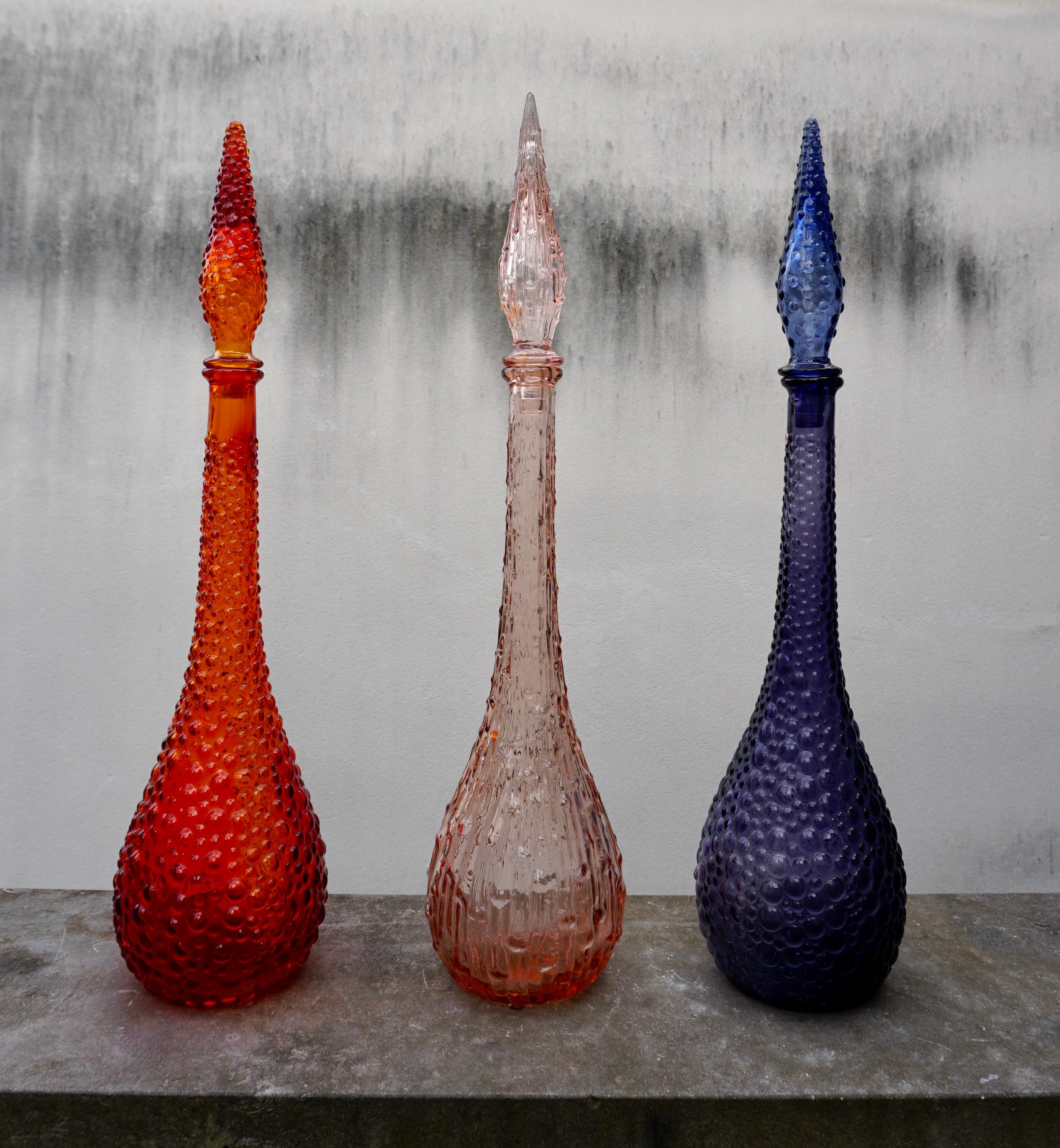 Hollywood Regency Set of Three 1960s Italian Empoli MCM Glass Decanters Genie Bottles