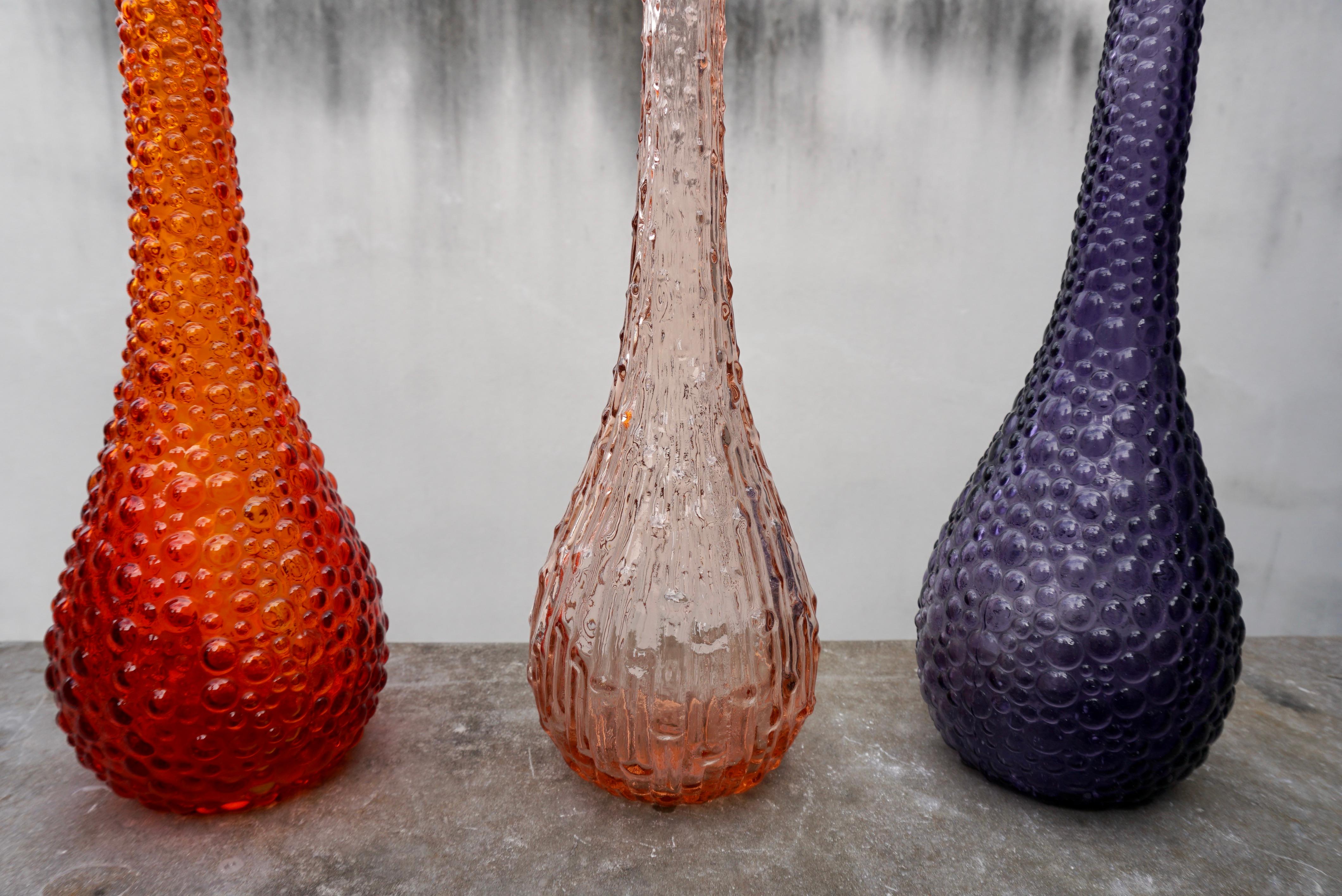 20th Century Set of Three 1960s Italian Empoli MCM Glass Decanters Genie Bottles