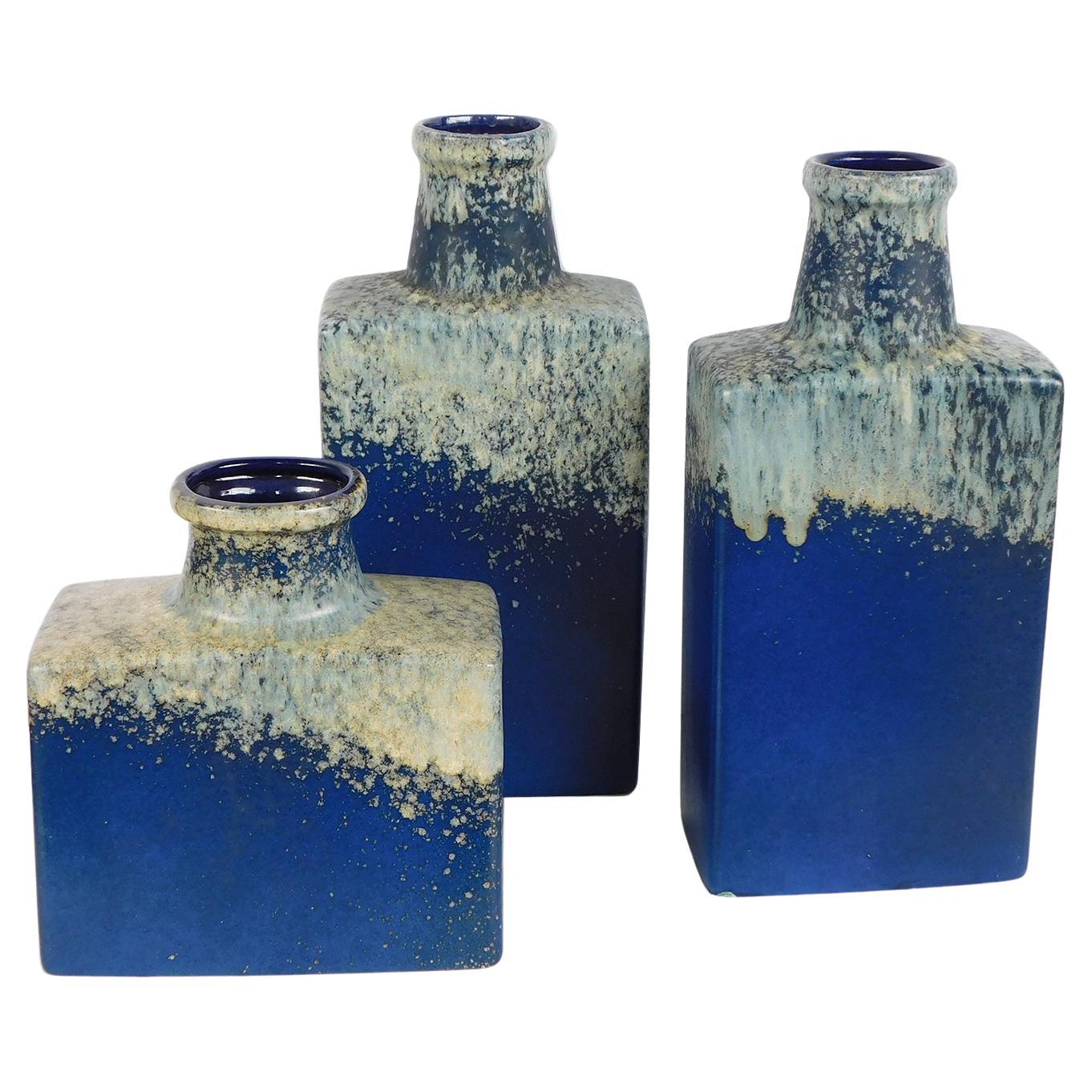 Set of Three 1960's Royal Blue Glazed Sheurich Pottery Vases
