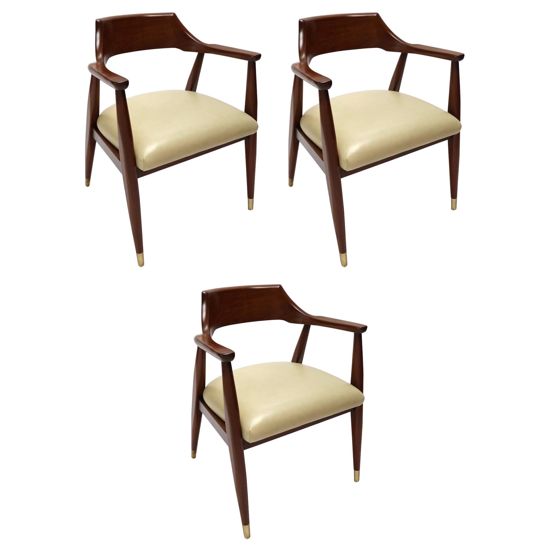 Set of Three 1960s Walnut Armchairs with Brass Feet