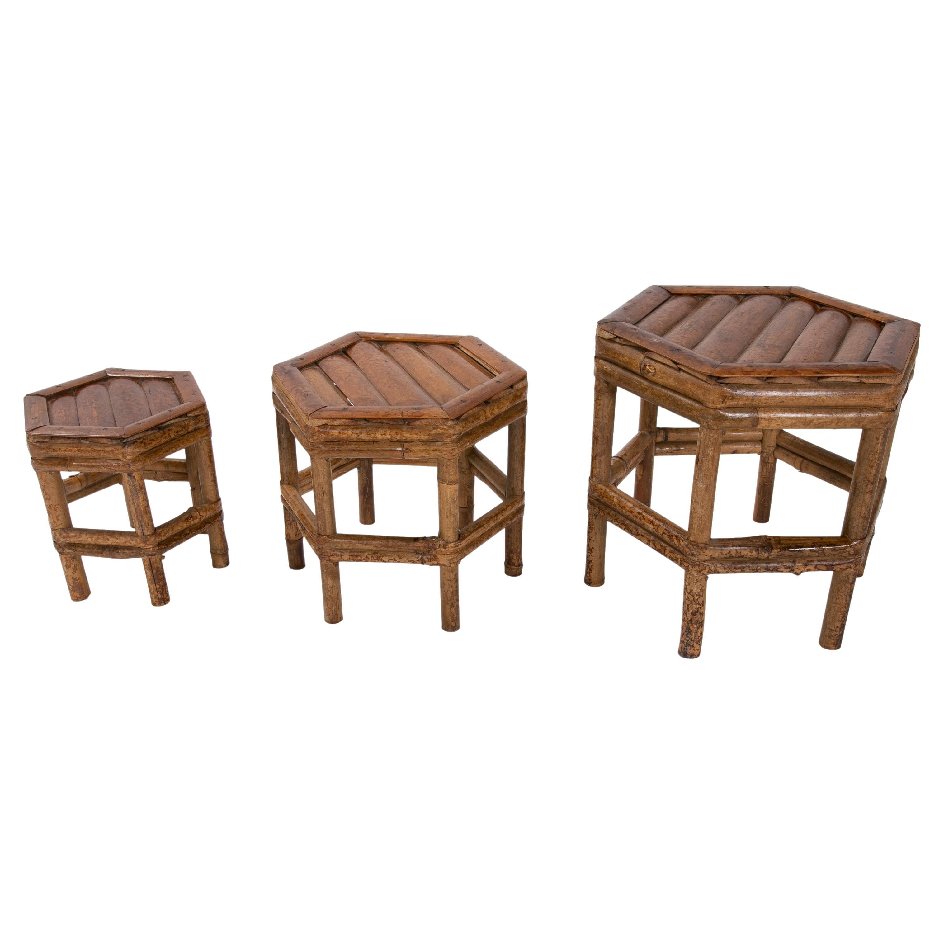 Set of Three 1970s Chinese Bamboo Hexagonal Side Tables 