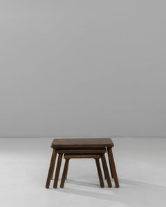 Set of Three 1970s French Brutalist Wooden Nesting Tables In Original Patina