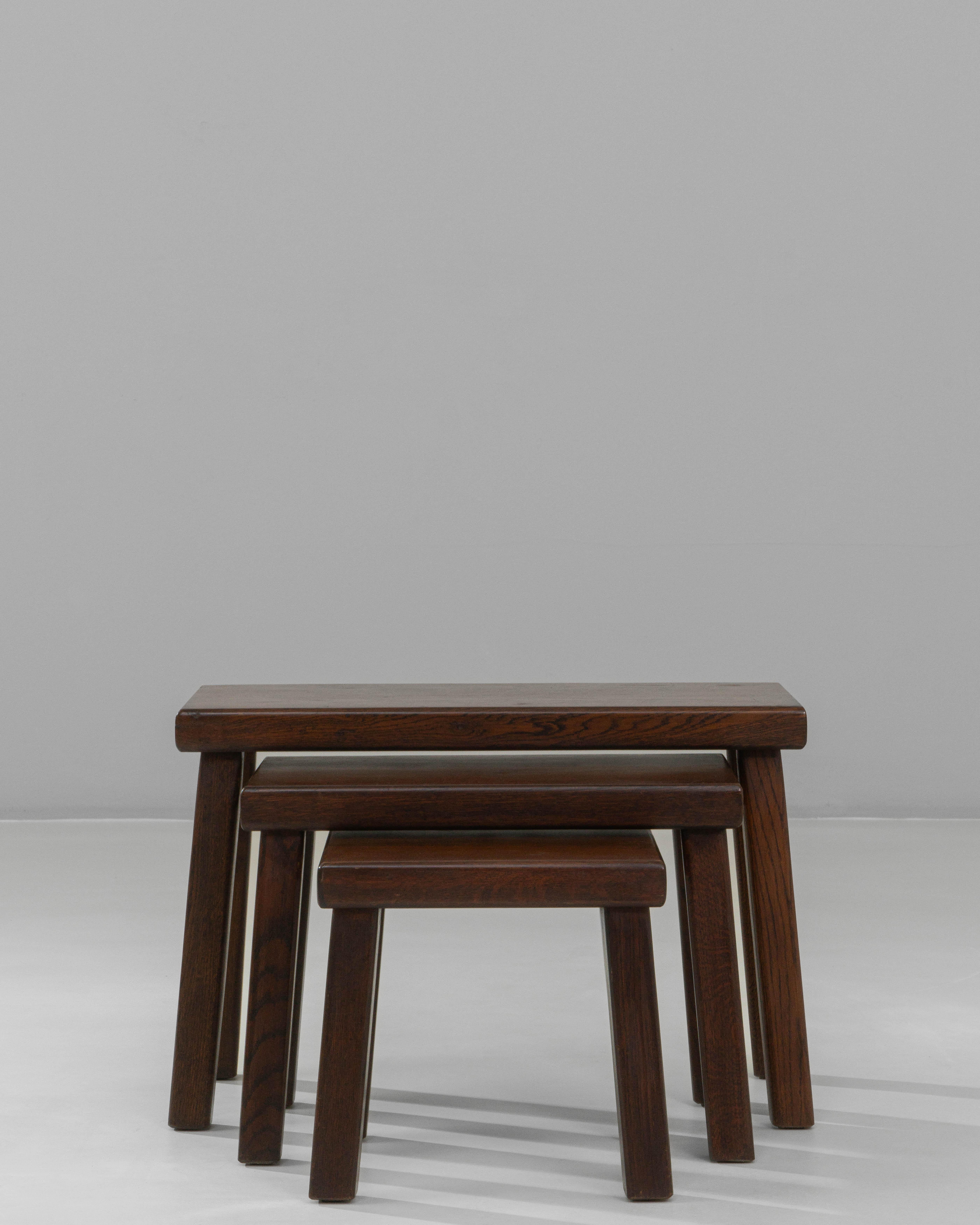 Set of Three 1970s French Brutalist Wooden Nesting Tables In Original Patina In Good Condition For Sale In High Point, NC