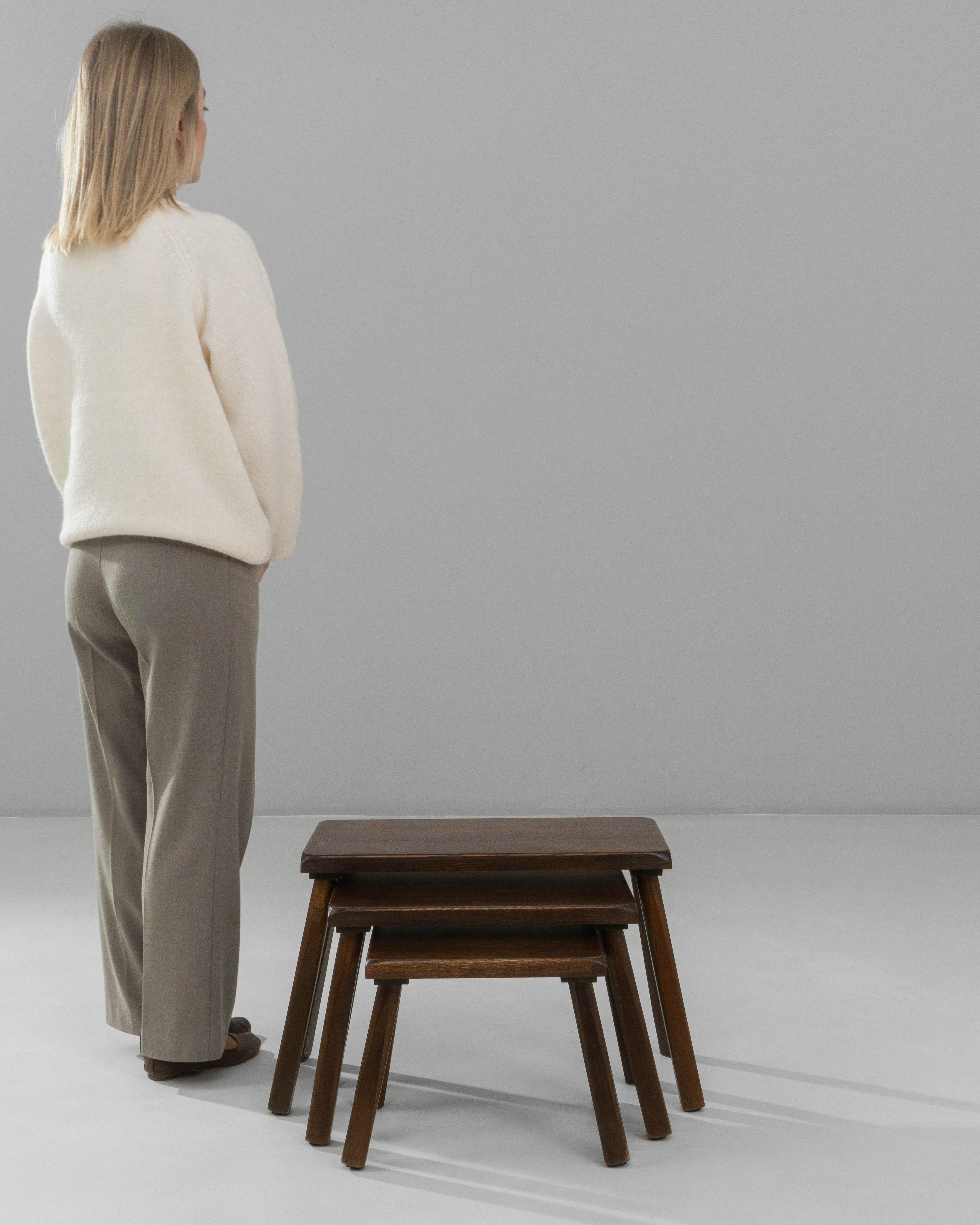 20th Century Set of Three 1970s French Brutalist Wooden Nesting Tables In Original Patina For Sale