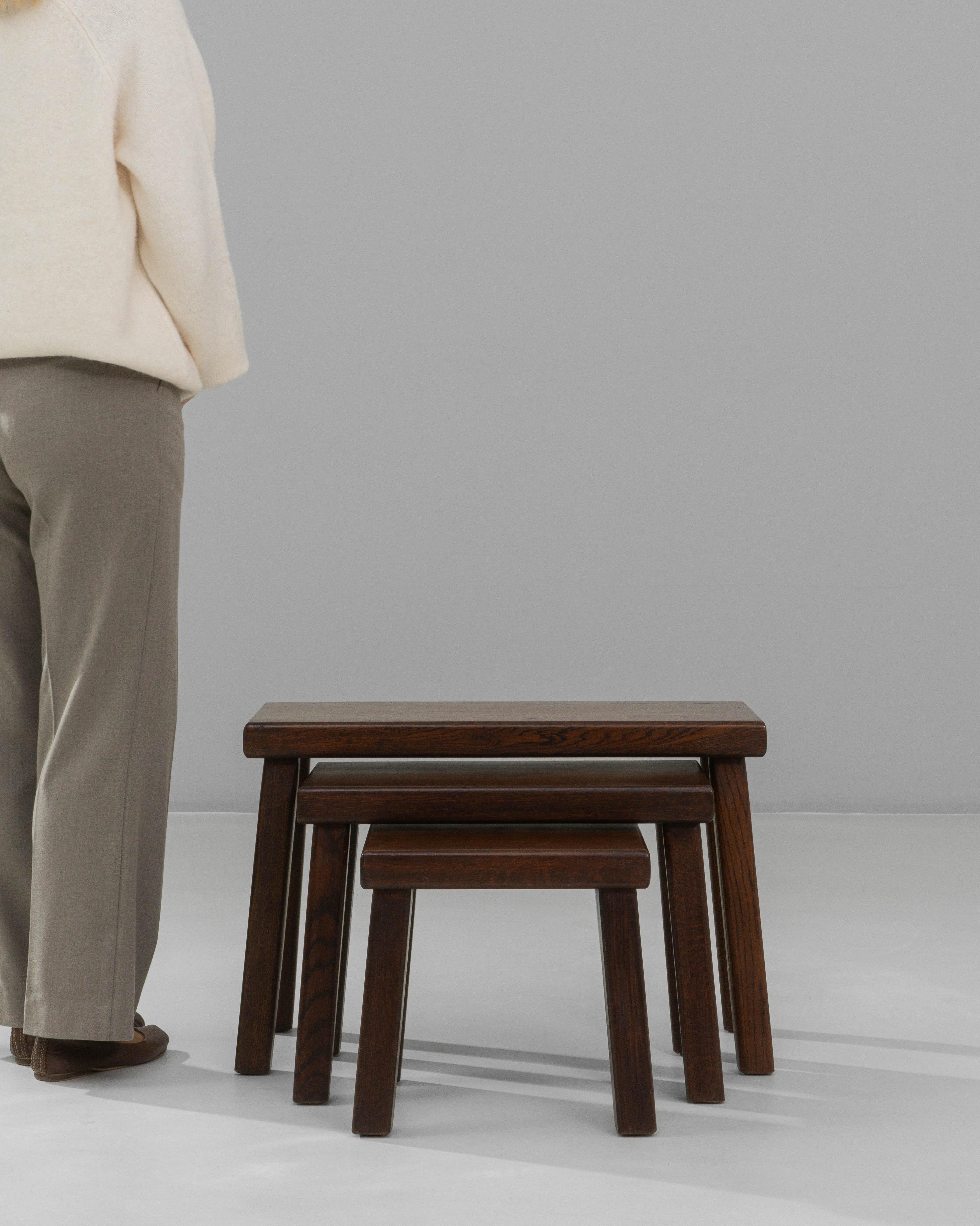 20th Century Set of Three 1970s French Brutalist Wooden Nesting Tables In Original Patina For Sale