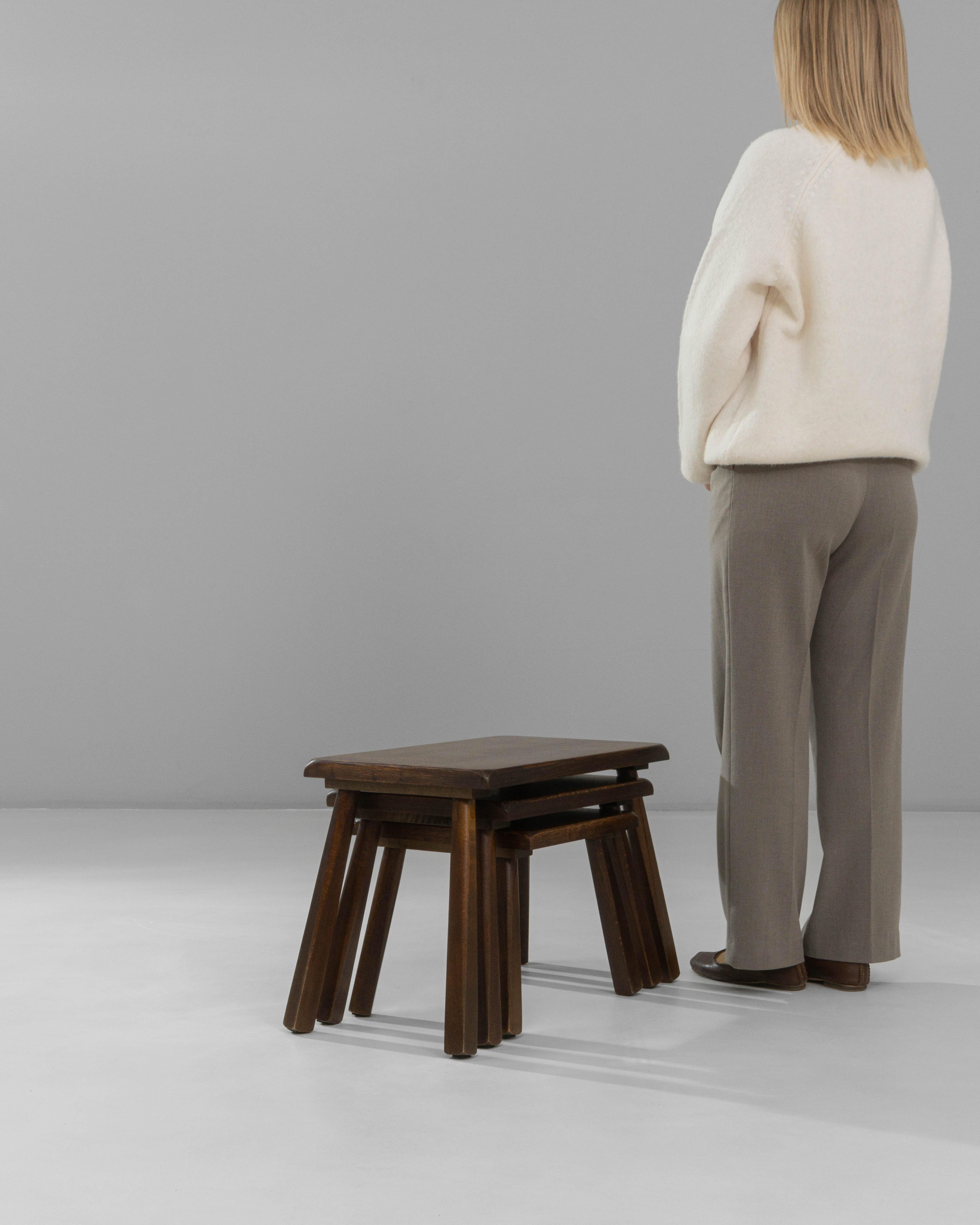 Set of Three 1970s French Brutalist Wooden Nesting Tables In Original Patina For Sale 4