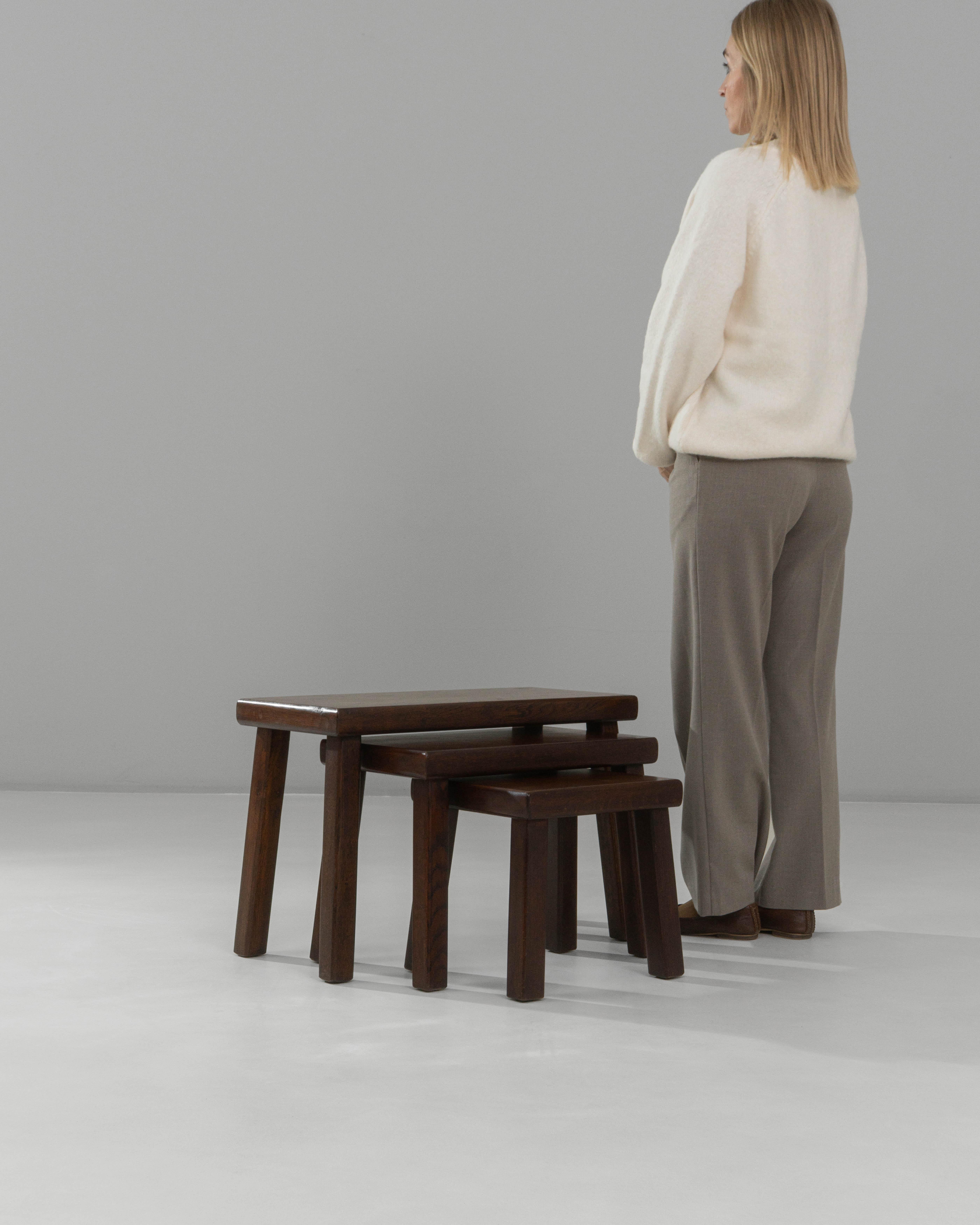 Set of Three 1970s French Brutalist Wooden Nesting Tables In Original Patina For Sale 5