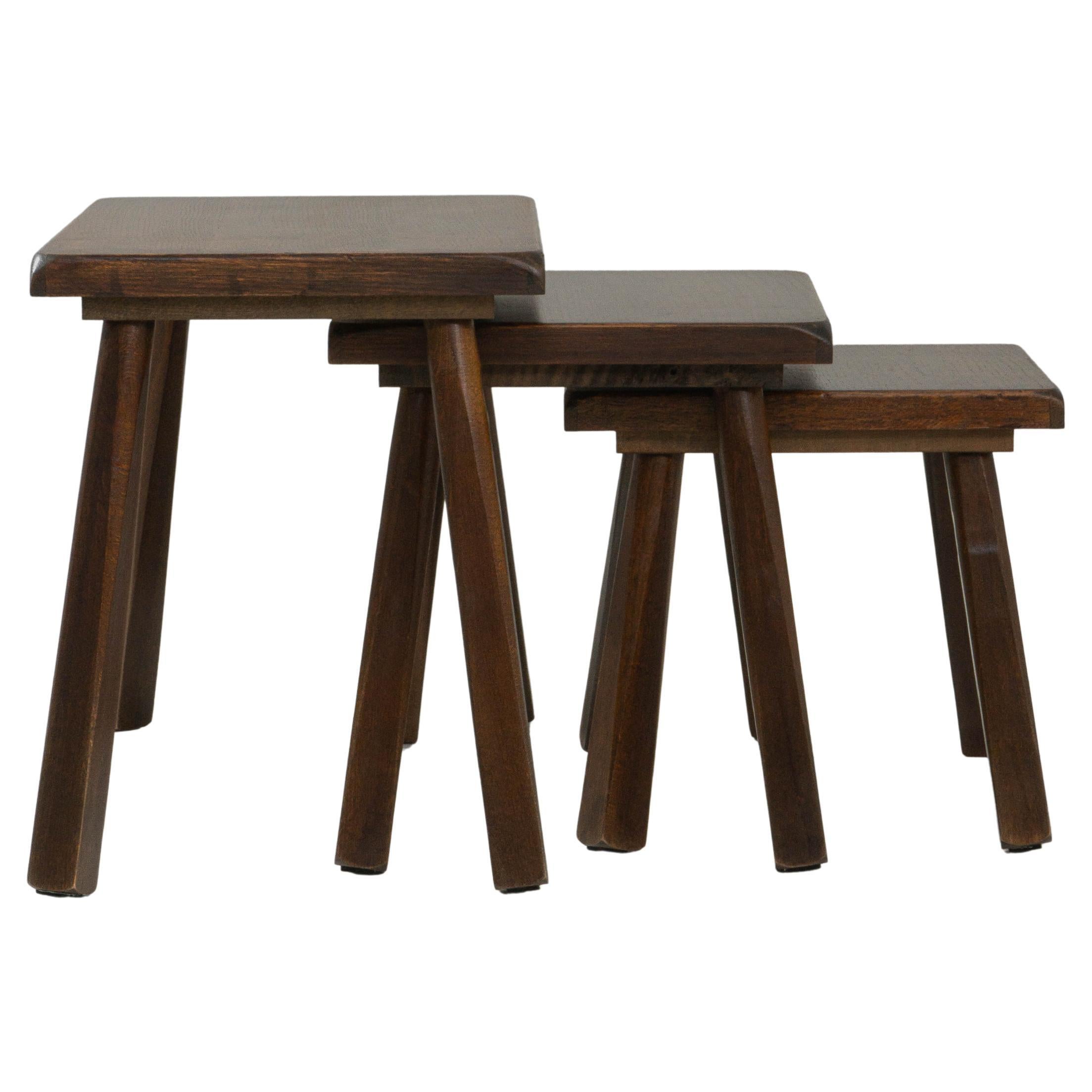 Set of Three 1970s French Brutalist Wooden Nesting Tables In Original Patina