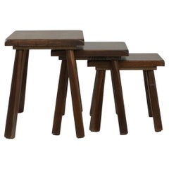 Set of Three 1970s French Brutalist Wooden Nesting Tables In Original Patina
