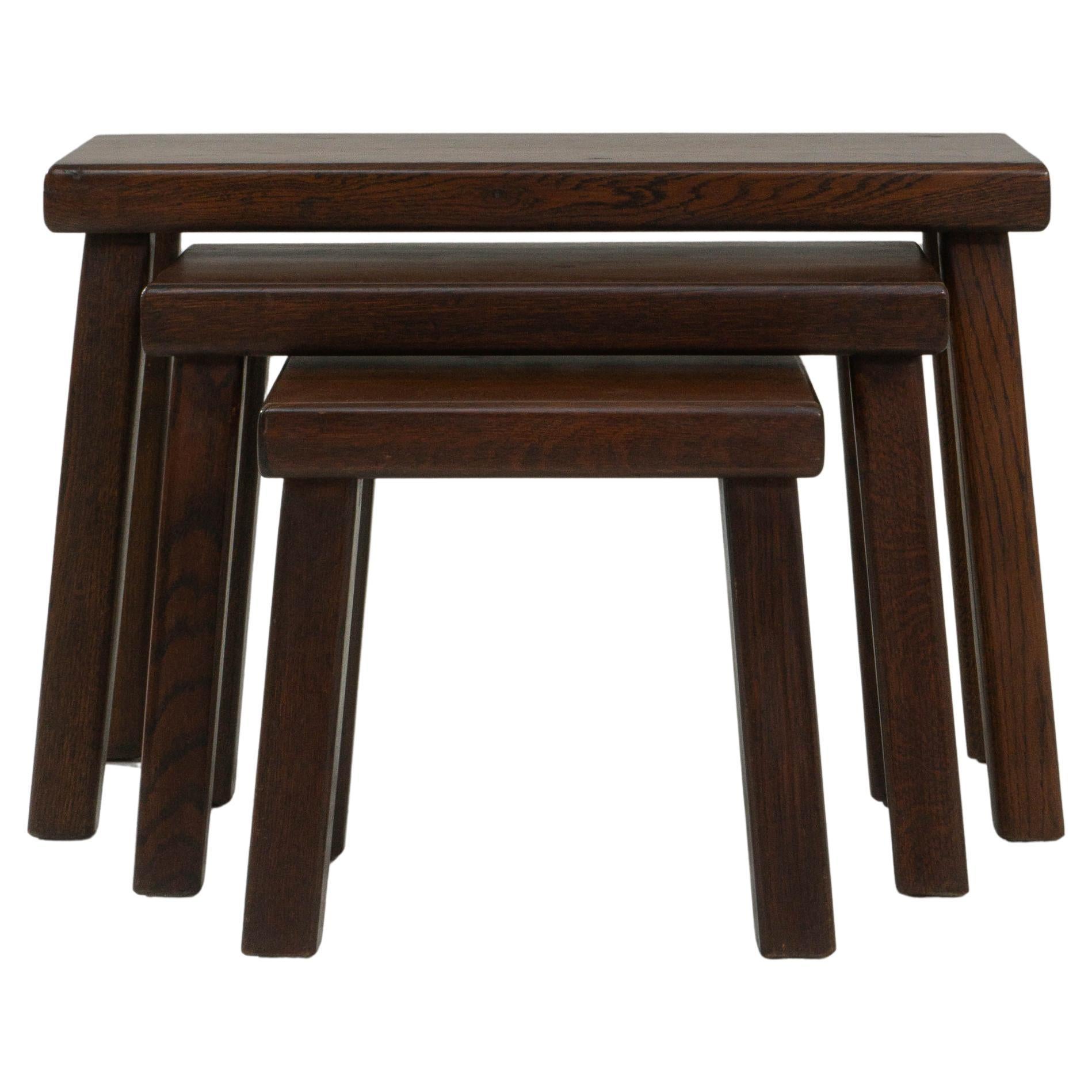 Set of Three 1970s French Brutalist Wooden Nesting Tables In Original Patina