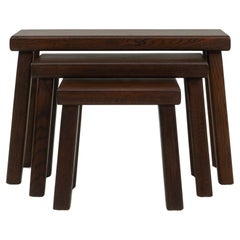 Set of Three 1970s French Brutalist Wooden Nesting Tables In Original Patina