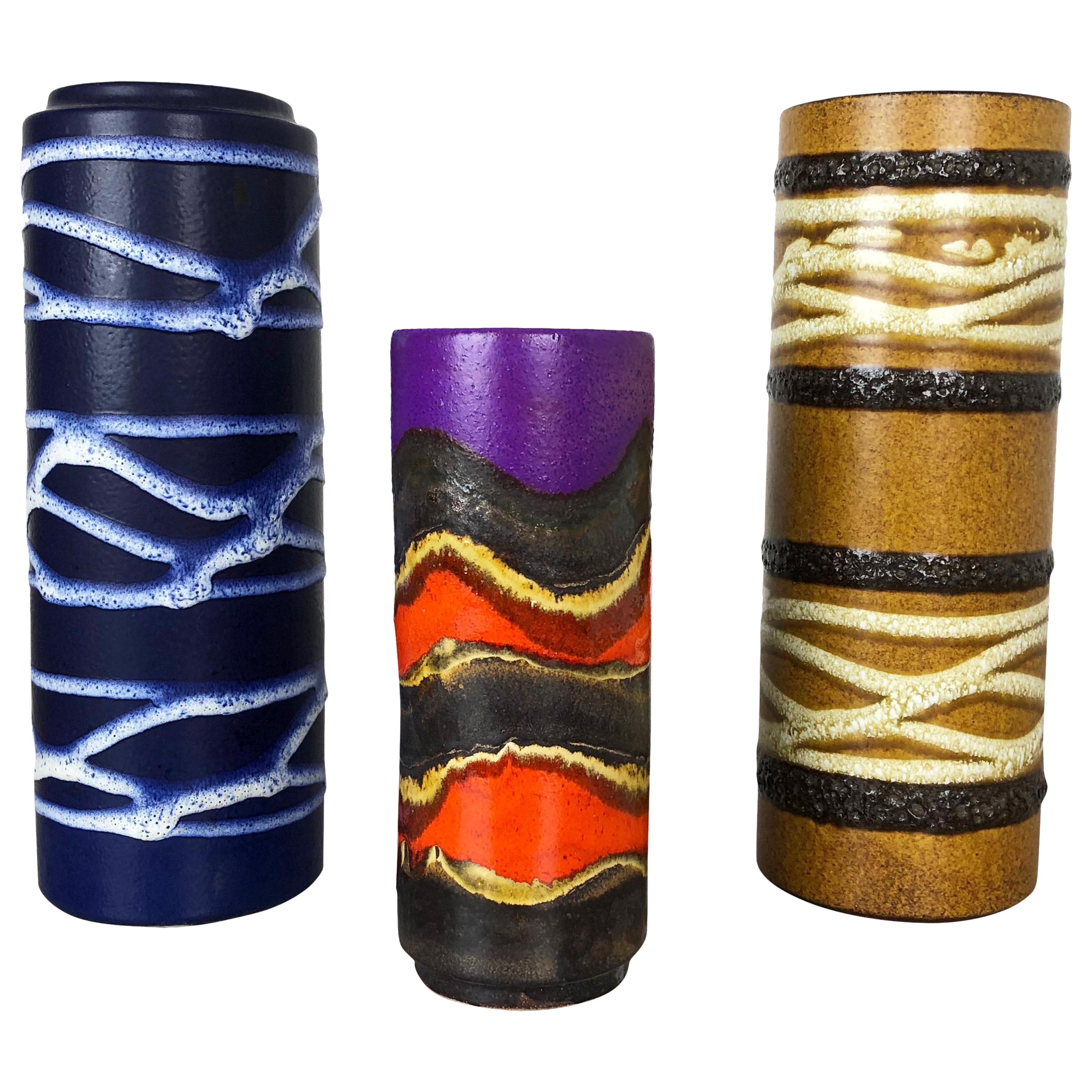 Set of Three 1970s Pottery Fat Lava "TUBE" Vases Made by Scheurich, Germany