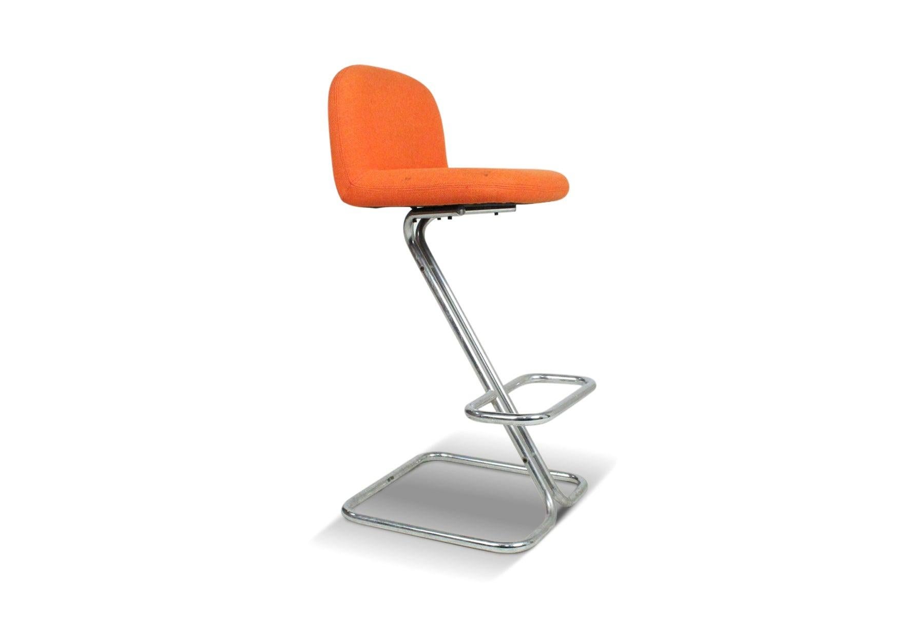 Mid-Century Modern Set of Three 1970s Space Age Chrome + Wool Barstools For Sale