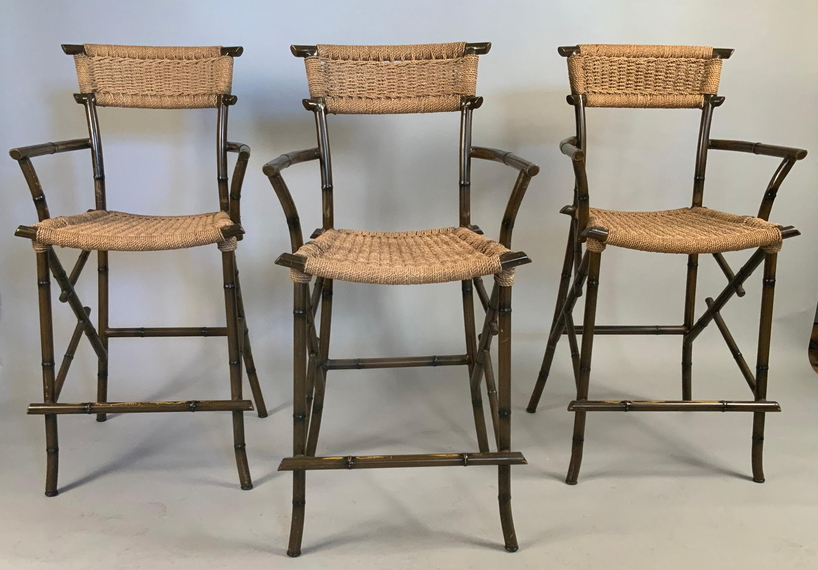American Set of Three 1970's Steel Bamboo and Rope Barstools