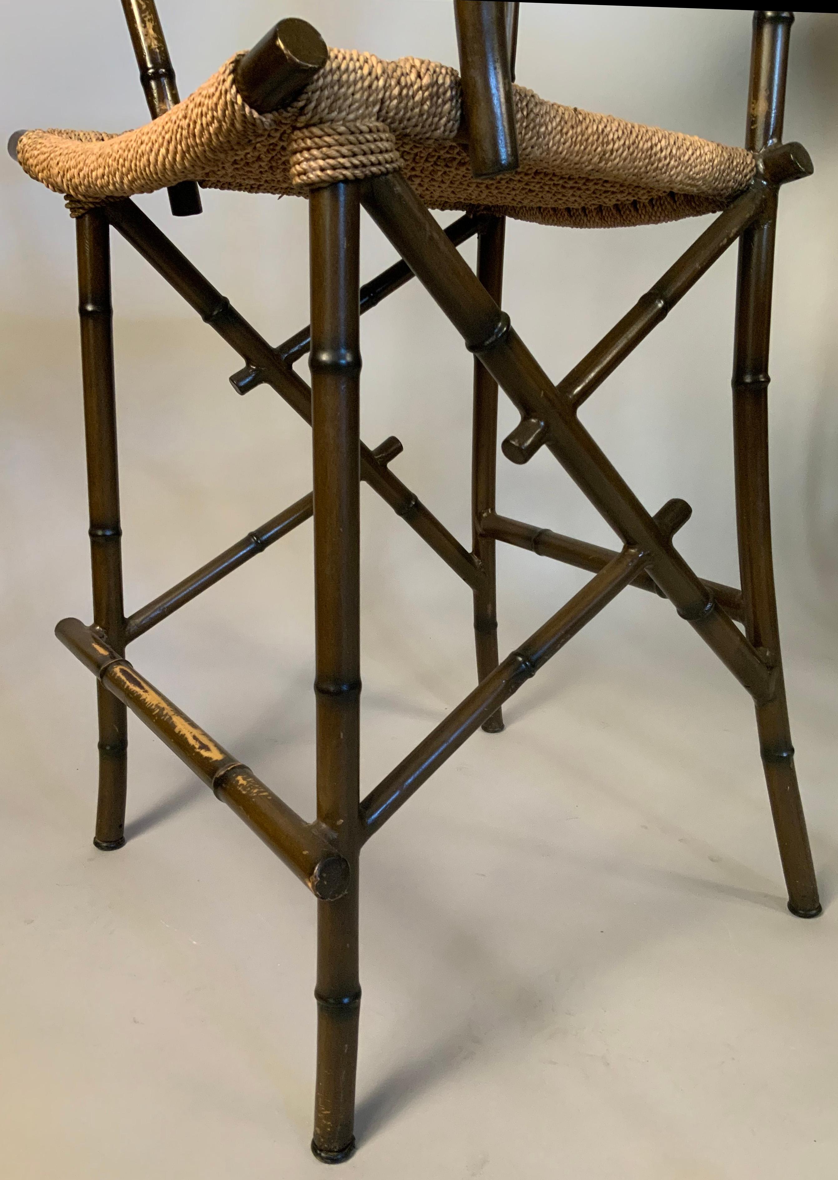 Set of Three 1970's Steel Bamboo and Rope Barstools 2