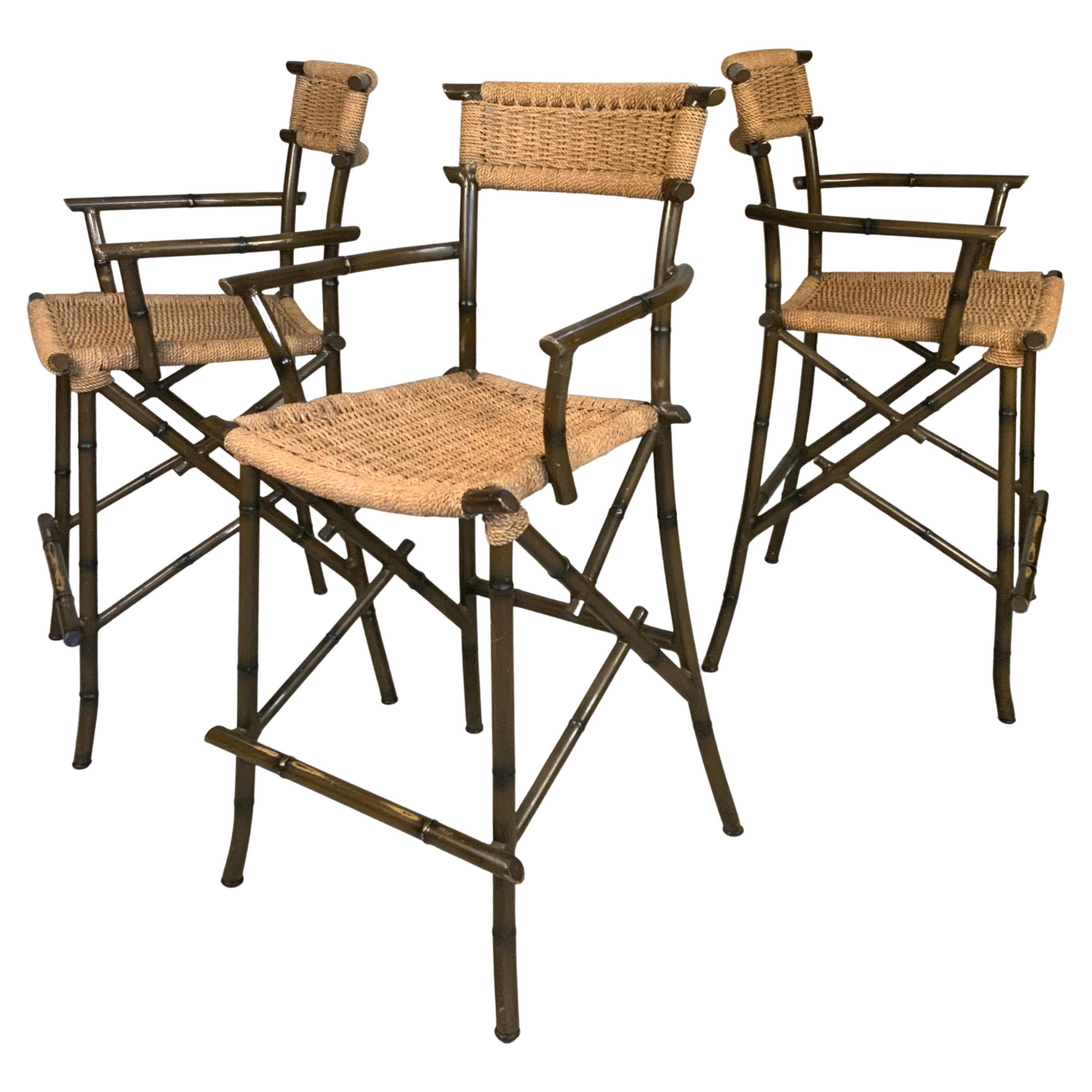 Set of Three 1970's Steel Bamboo and Rope Barstools
