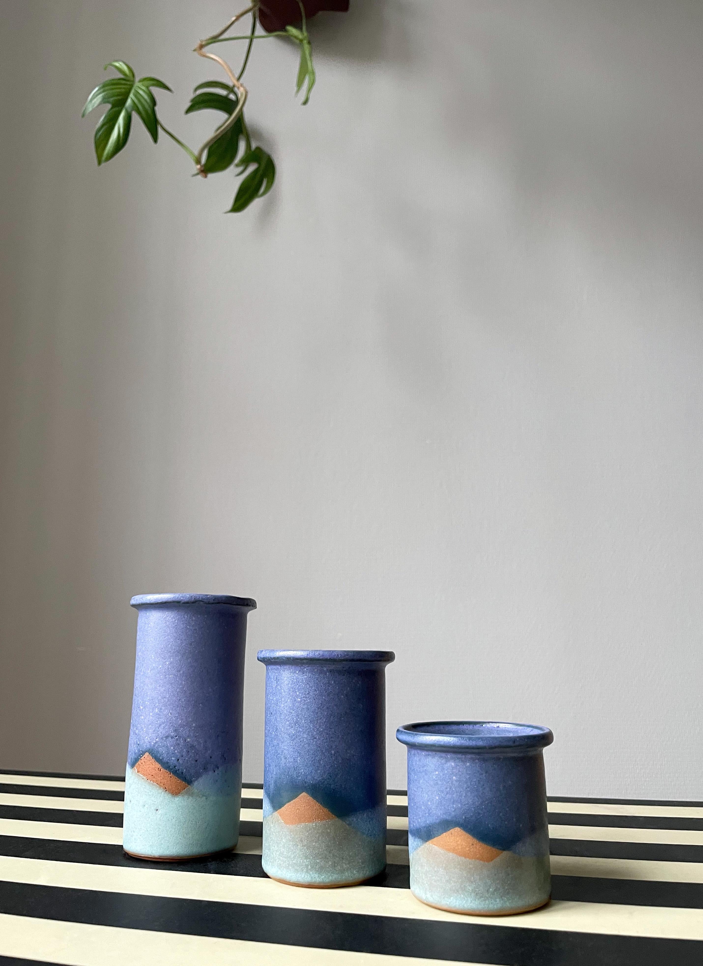 Post-Modern Set of Three 1980s Blue Green Ceramic Vases / Candle Sticks For Sale