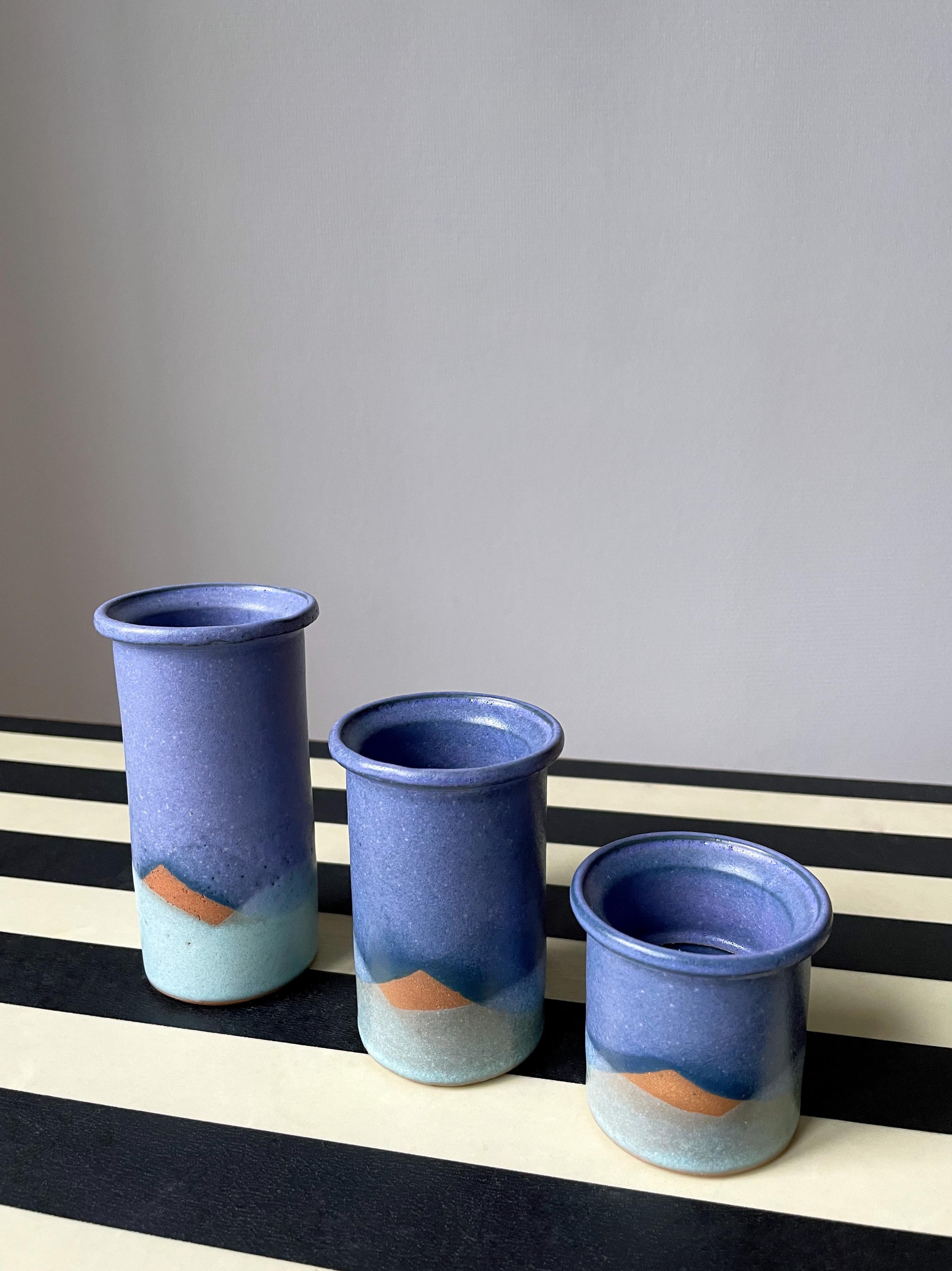 Danish Set of Three 1980s Blue Green Ceramic Vases / Candle Sticks For Sale