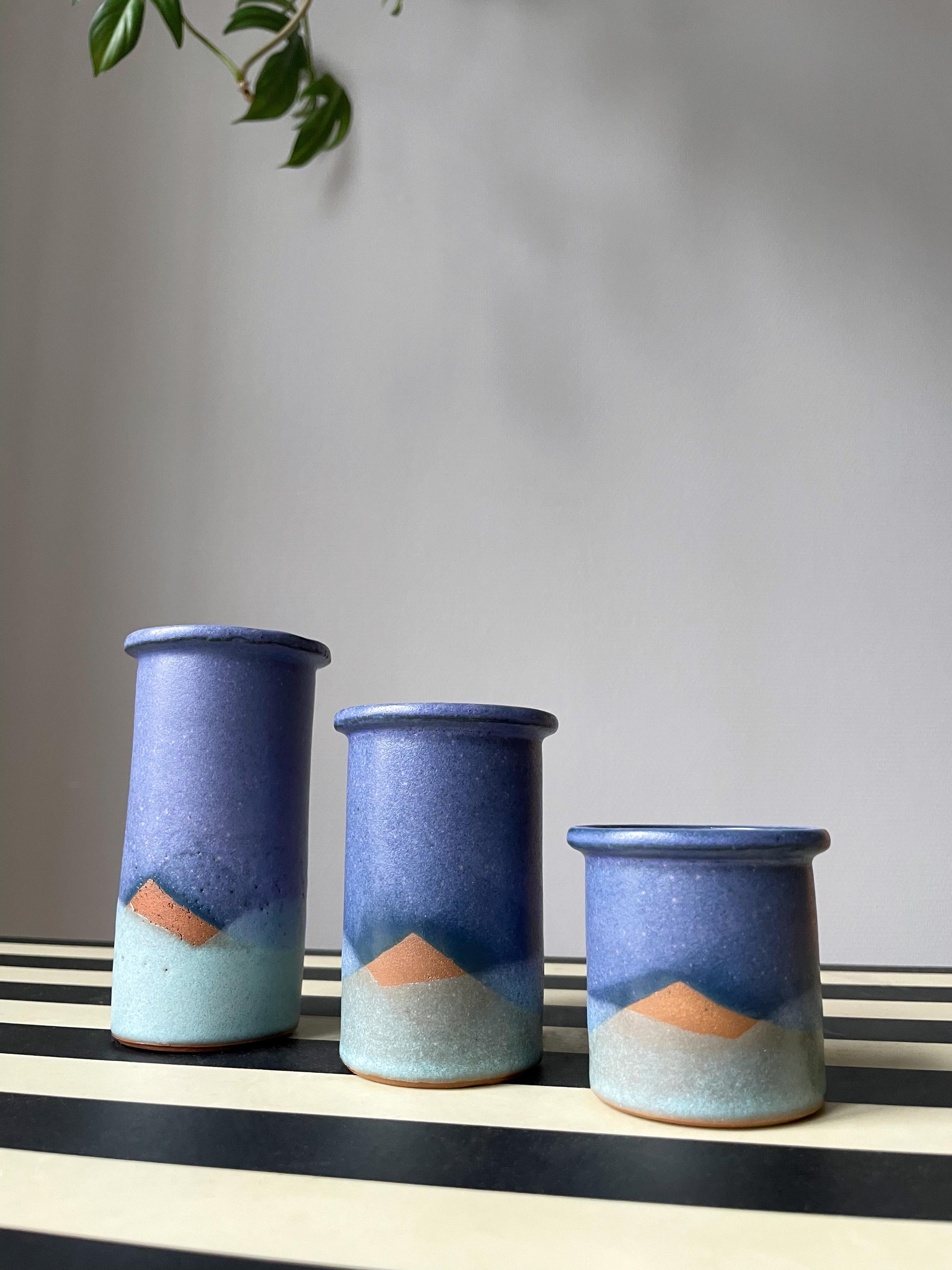 Hand-Crafted Set of Three 1980s Blue Green Ceramic Vases / Candle Sticks For Sale