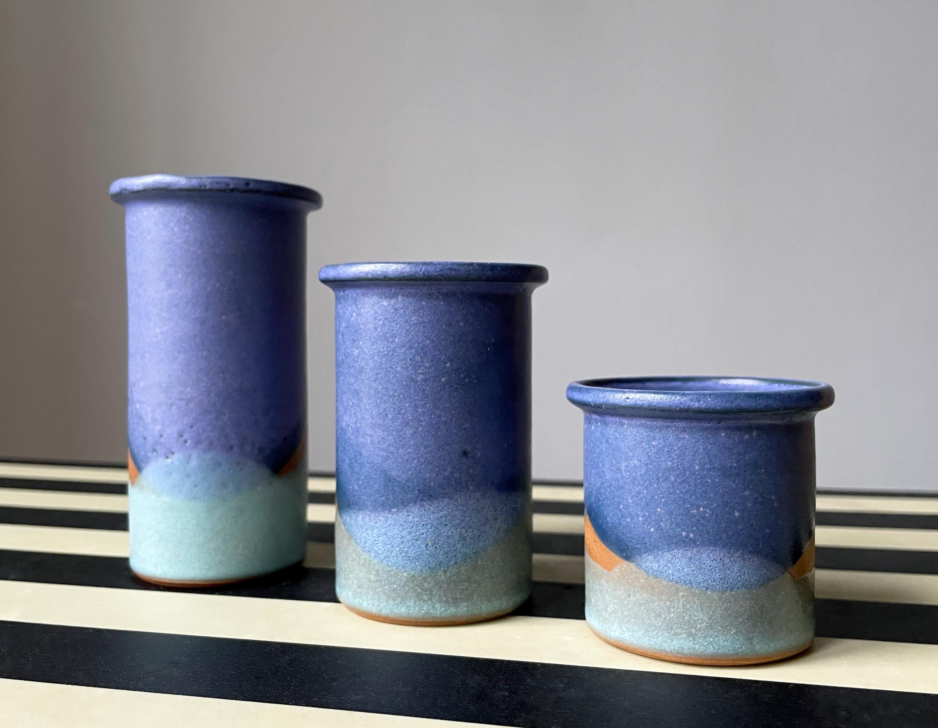 Set of Three 1980s Blue Green Ceramic Vases / Candle Sticks In Good Condition For Sale In Copenhagen, DK