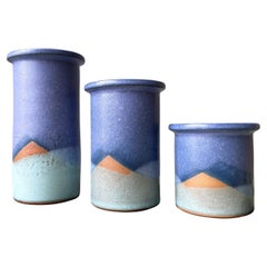 Retro Set of Three 1980s Blue Green Ceramic Vases / Candle Sticks