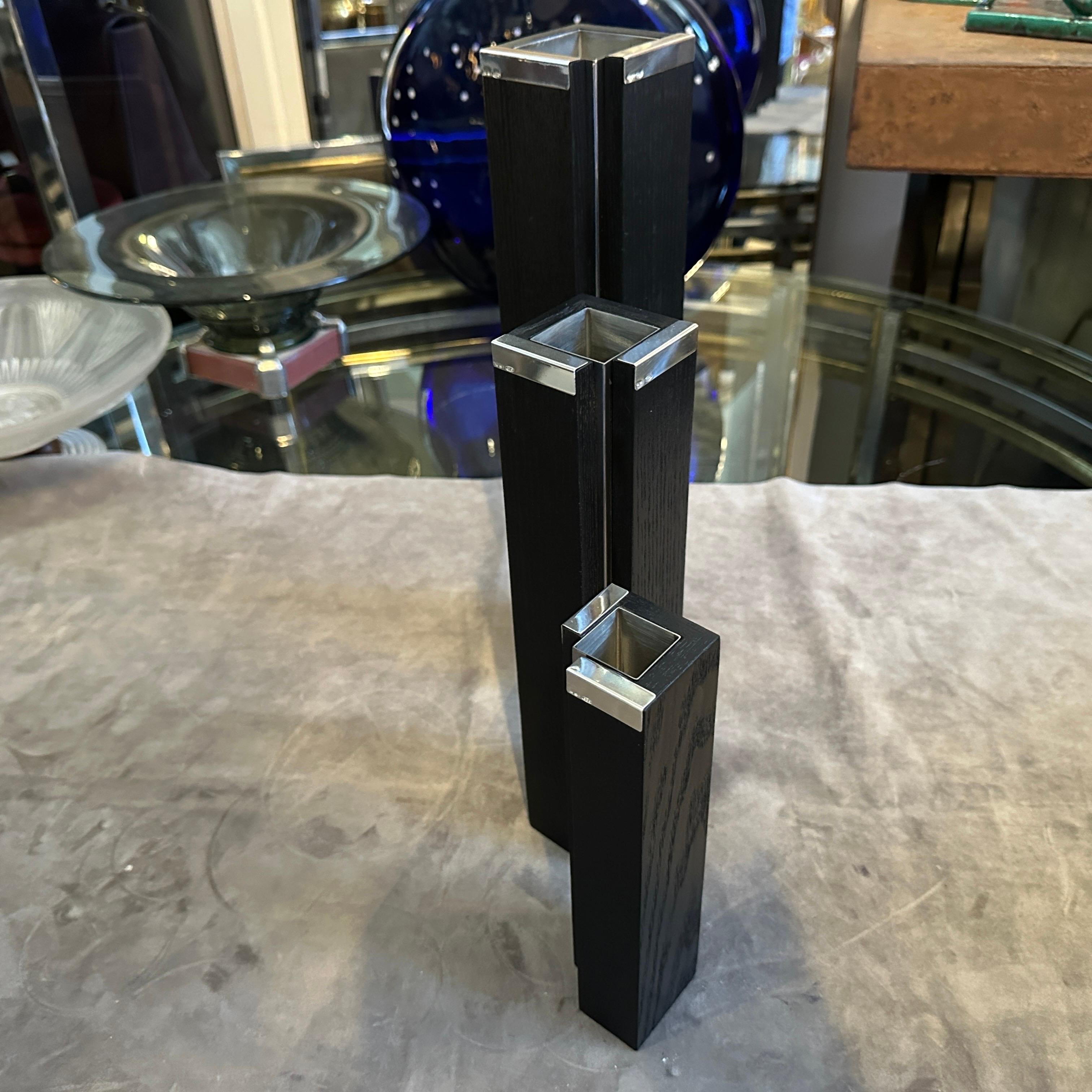 Set di tre vasi minimalisti anni '80 in legno ebanizzato e argento sterling di Silvan in vendita 1