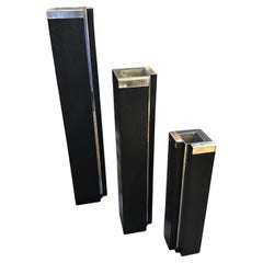 Set of Three 1980s Minimalist Ebonized Wood and Sterling Silver Vases by Silvan