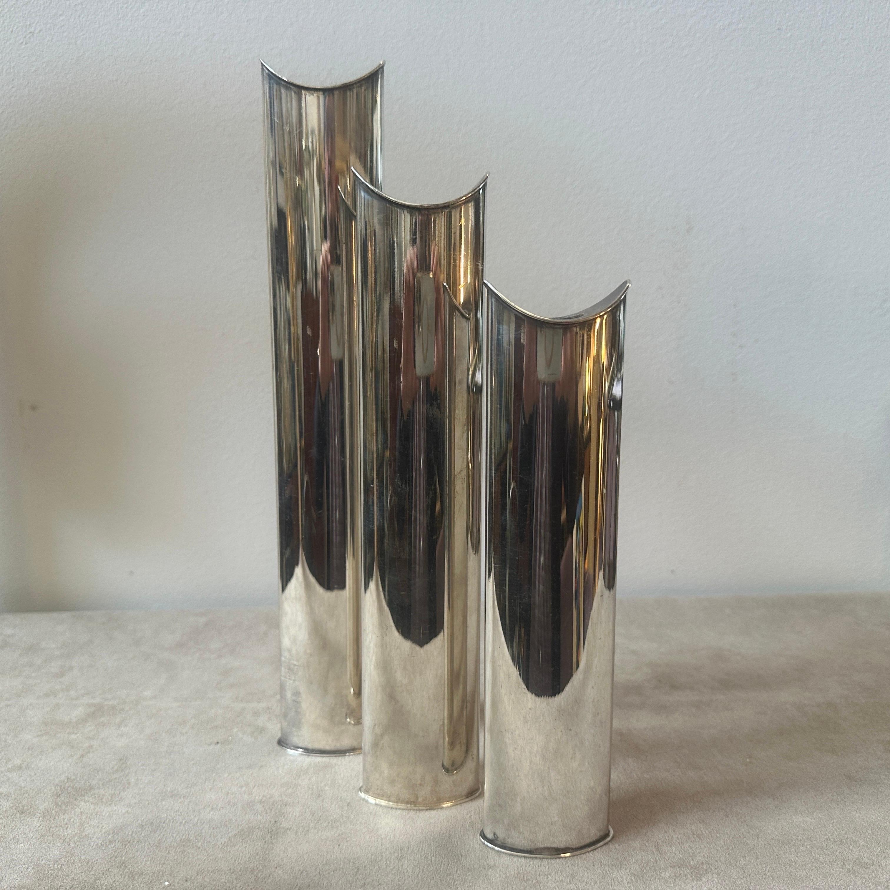 Minimalist Set of Three 1990s Lino Sabattini Modernist Giselle Vases Candlesticks For Sale