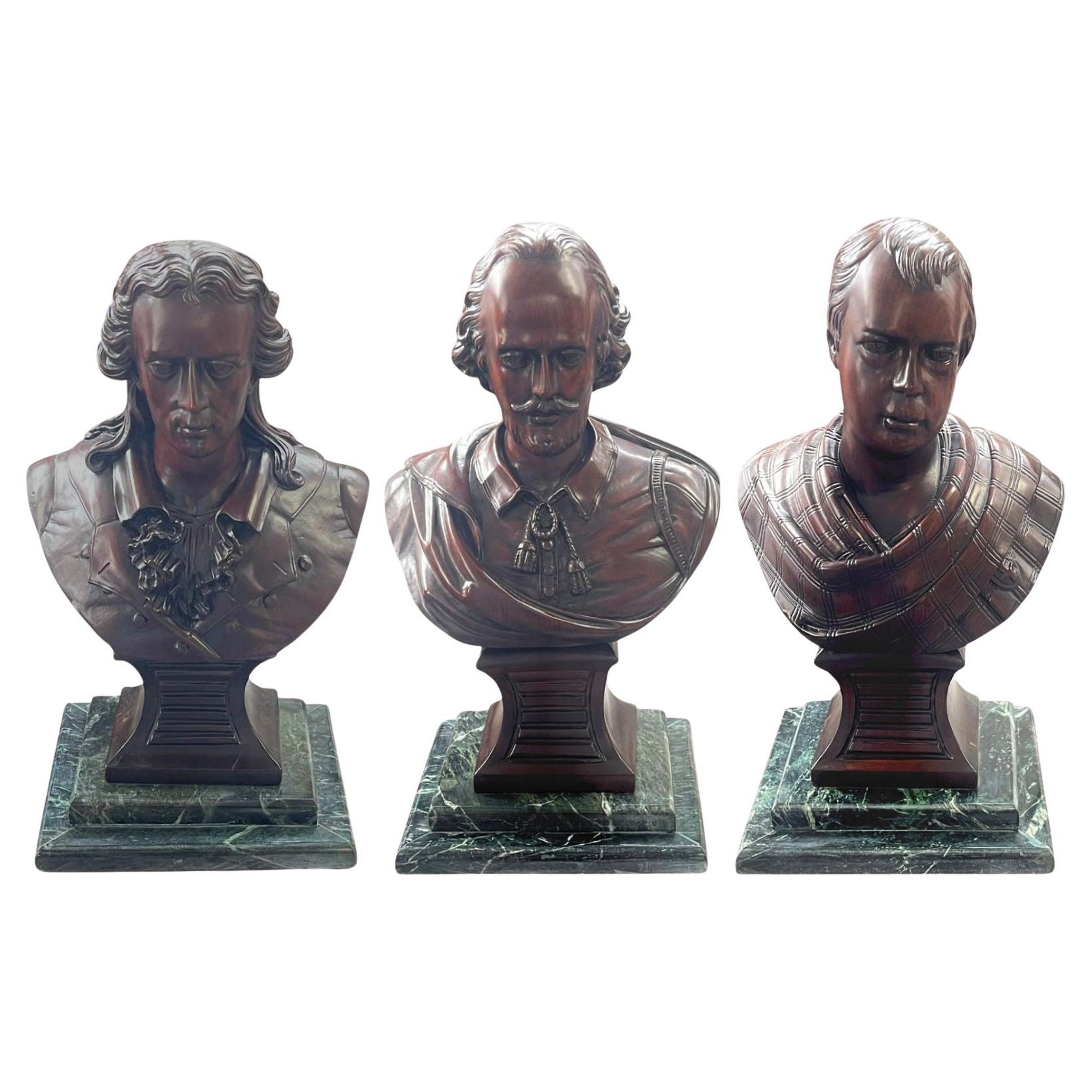 Set di tre busti in mogano del 20° secolo di Schiller, Shakespeare e Sir Walter Scott in vendita