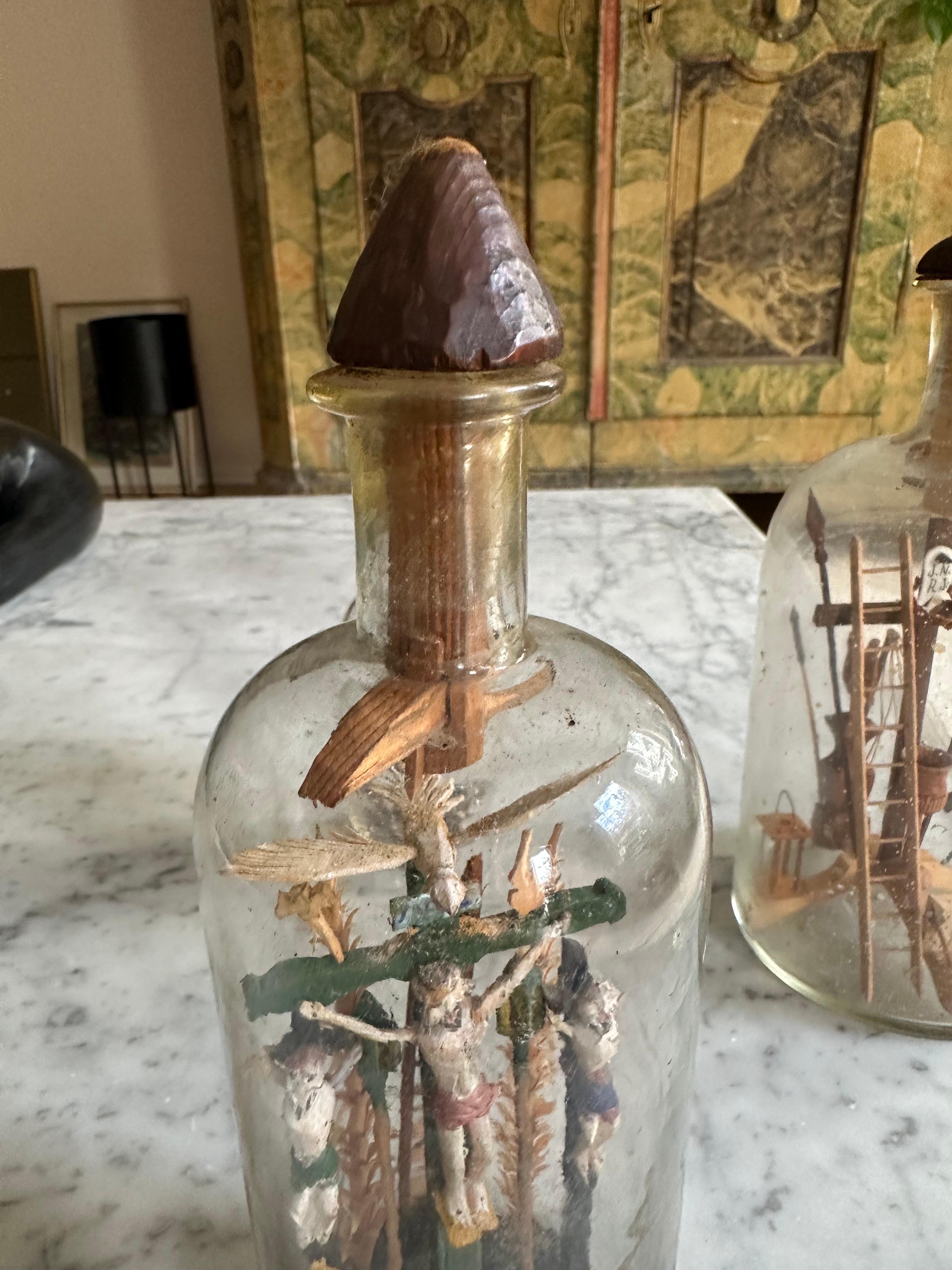 Set of Three 19th-Century Alpine Patience Bottles with Crucifixion Scene 3