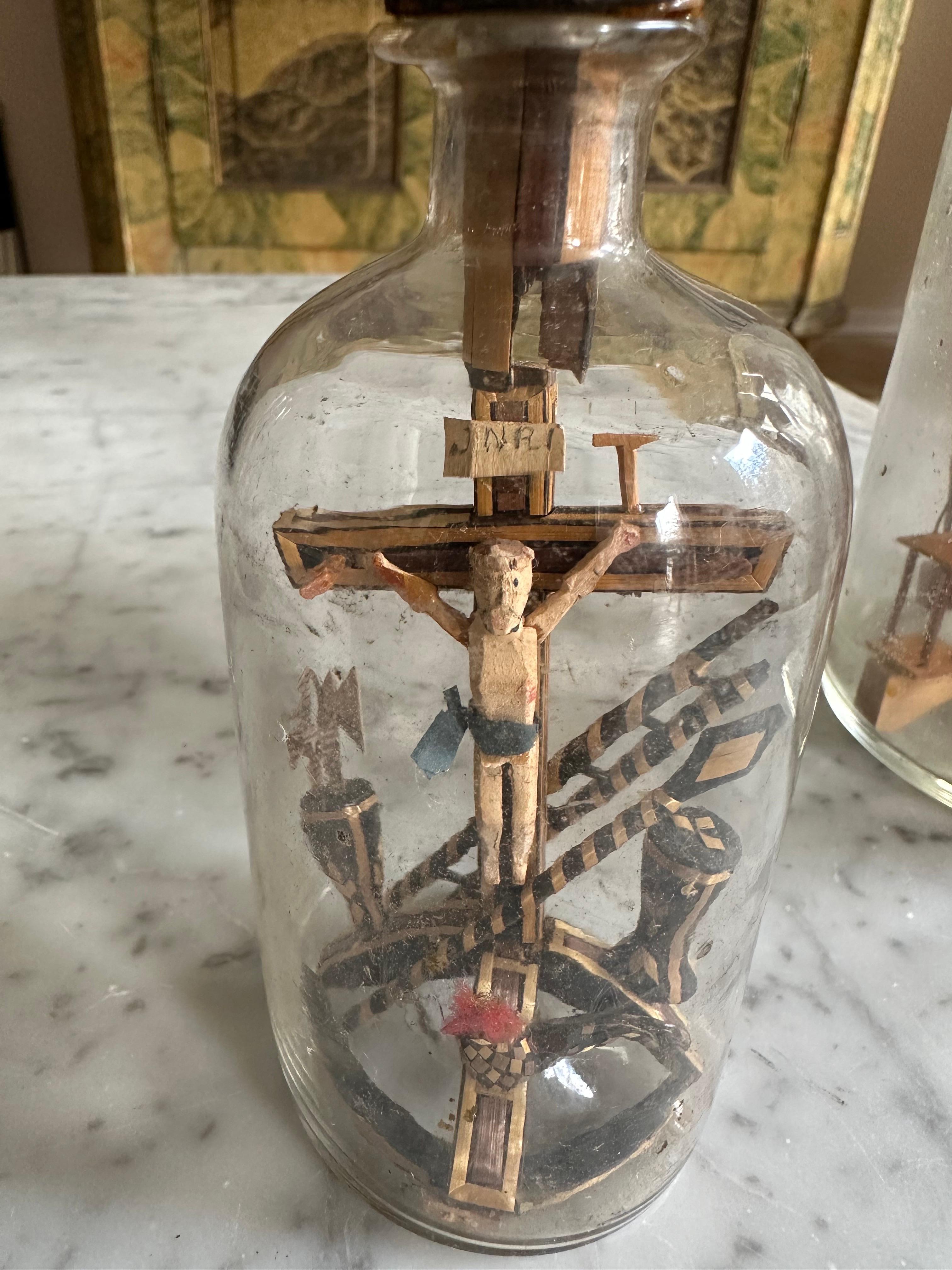 Set of Three 19th-Century Alpine Patience Bottles with Crucifixion Scene 6