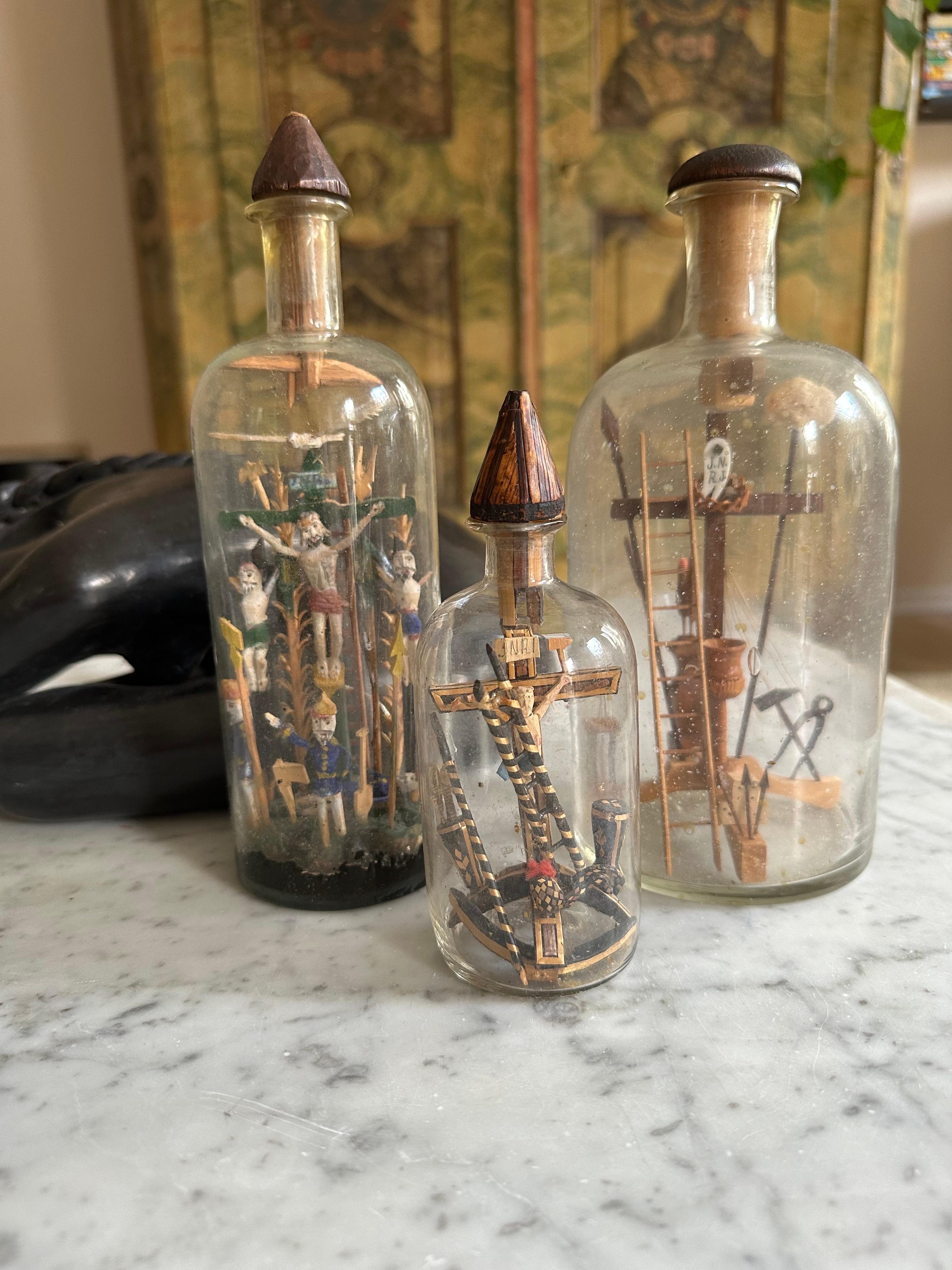 Set of Three 19th-Century Alpine Patience Bottles with Crucifixion Scene 12