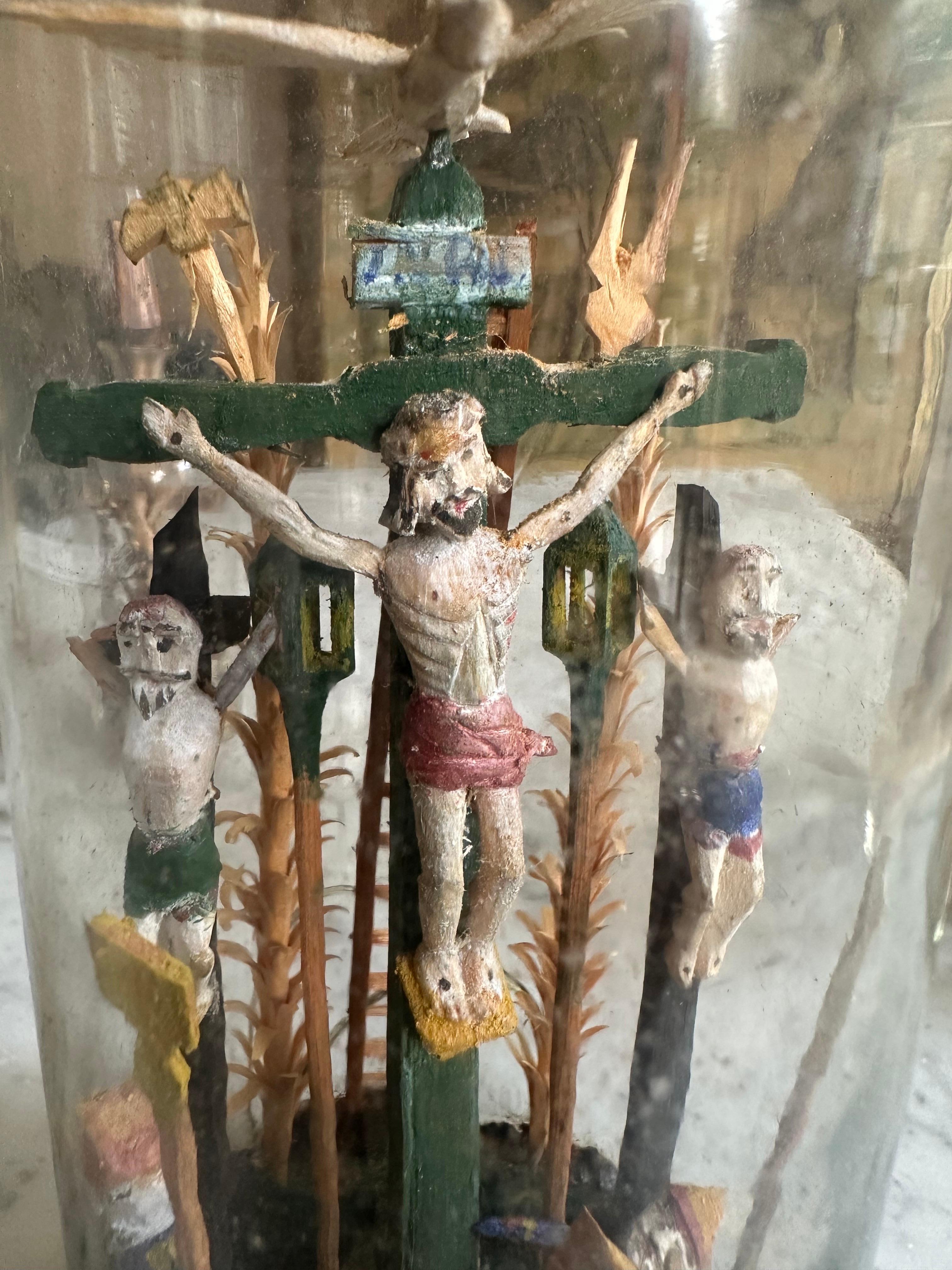 German Set of Three 19th-Century Alpine Patience Bottles with Crucifixion Scene