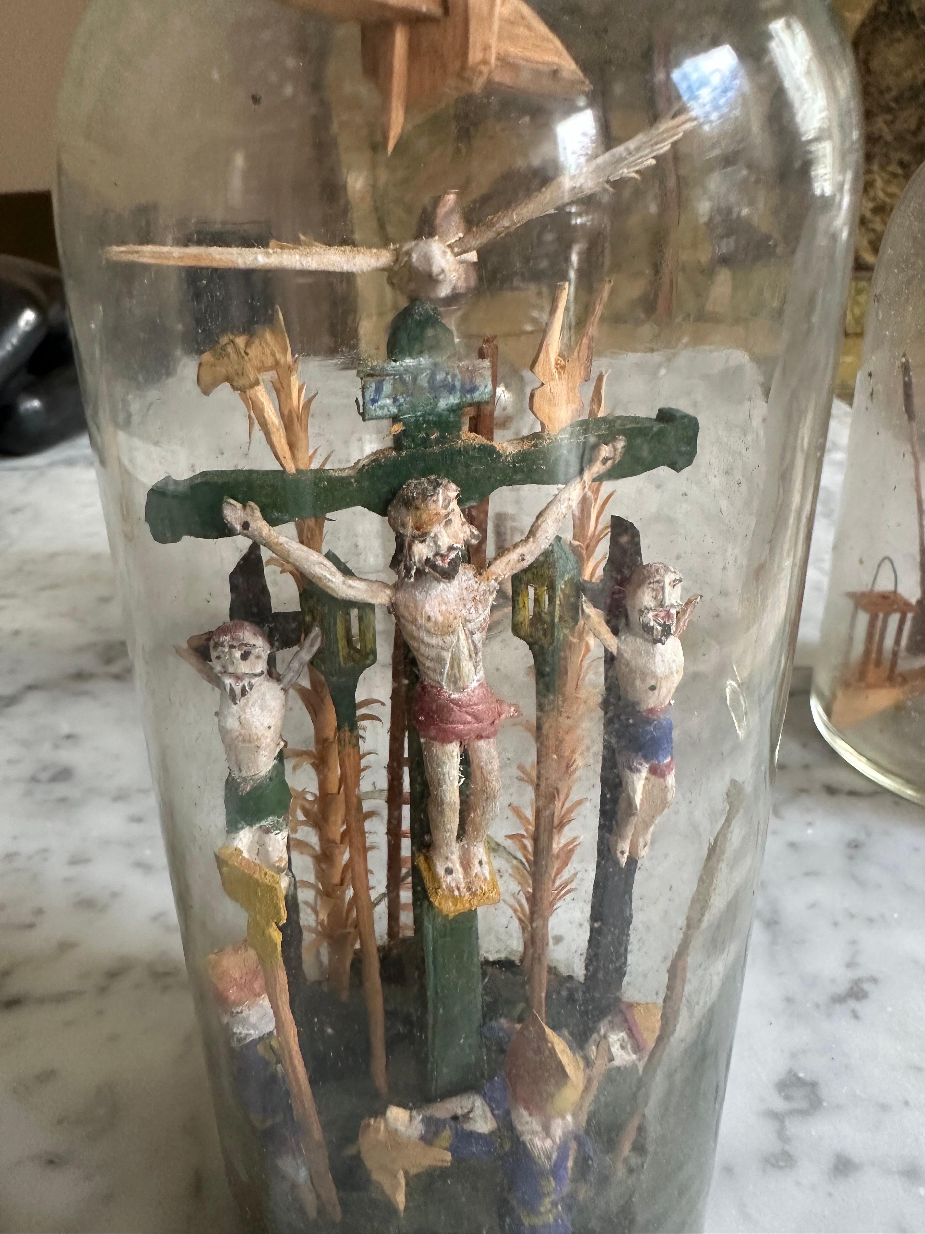 Set of Three 19th-Century Alpine Patience Bottles with Crucifixion Scene 2