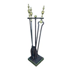 Antique Set of Three 19th Century Brass and Iron Fire Tools on Stand, Shovel Tongs Poker