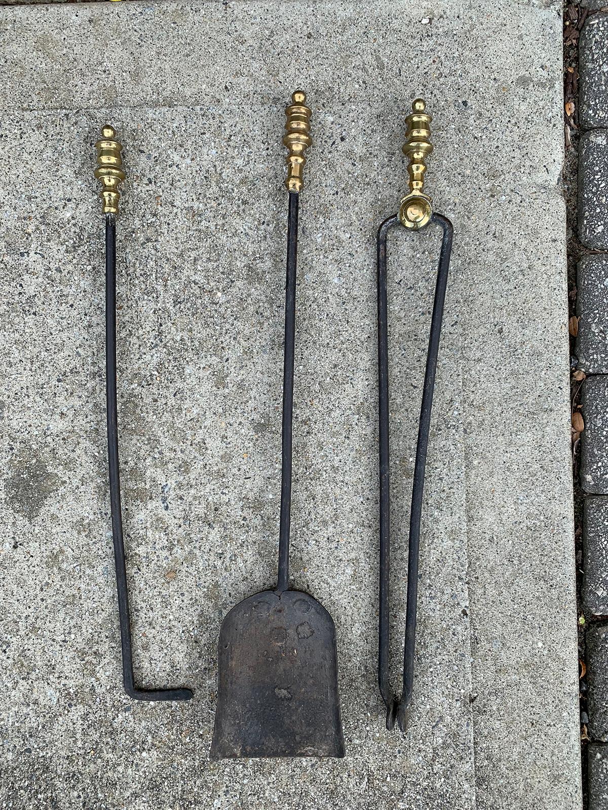 Set of Three 19th Century Brass and Steel Fire Tools In Good Condition In Atlanta, GA