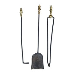 Antique Set of Three 19th Century Brass and Steel Fire Tools, Poker, Shovel, Tongs