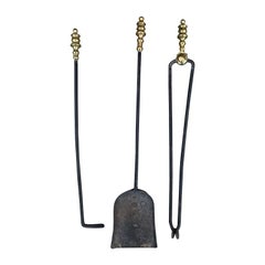 Set of Three 19th Century Brass and Steel Fire Tools, Poker, Shovel, Tongs