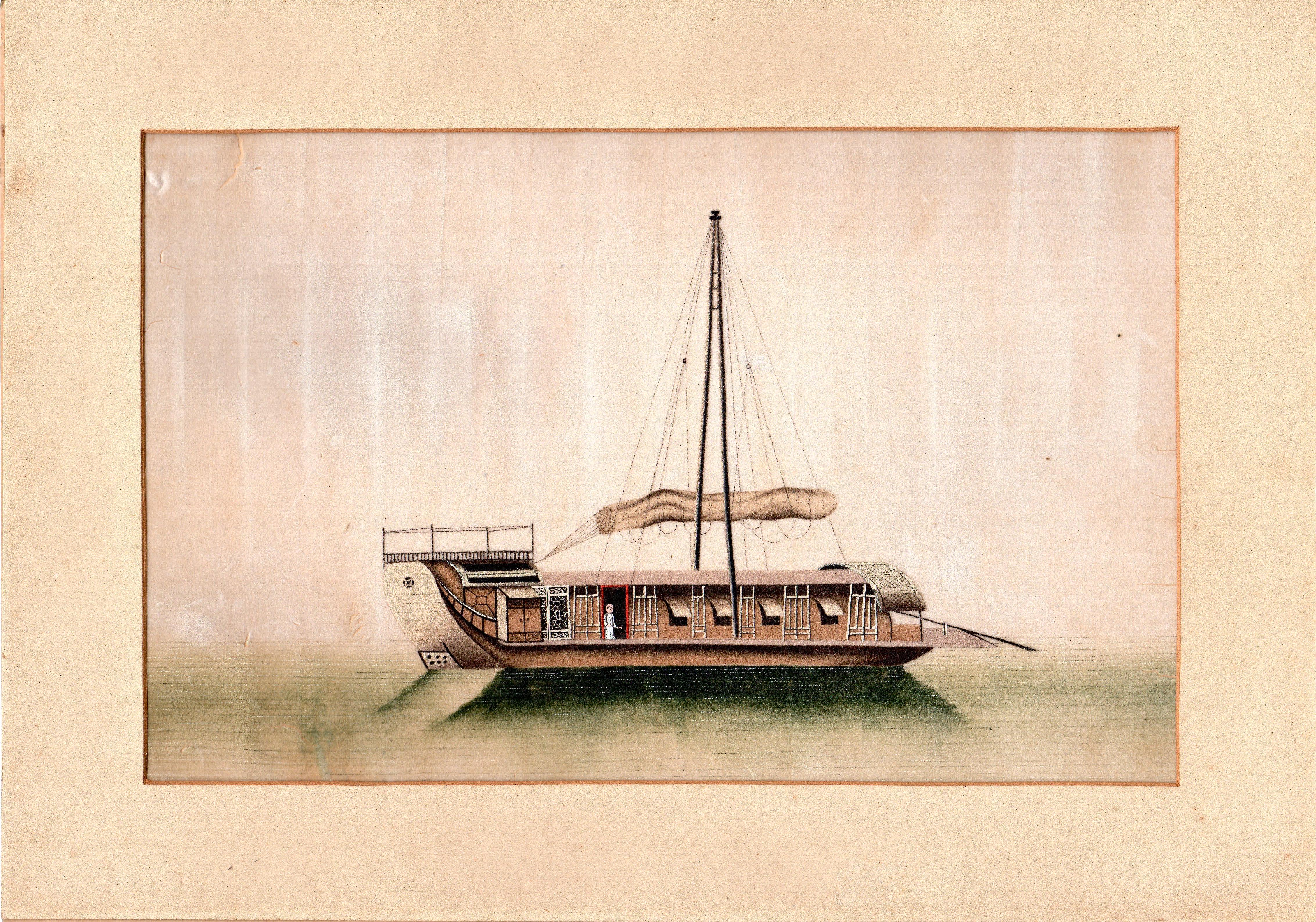 A charming and rare set of 3 Chinese gouaches of sailing vessels/ junks, painted on pith paper, no frames but matted. 

Size: 15