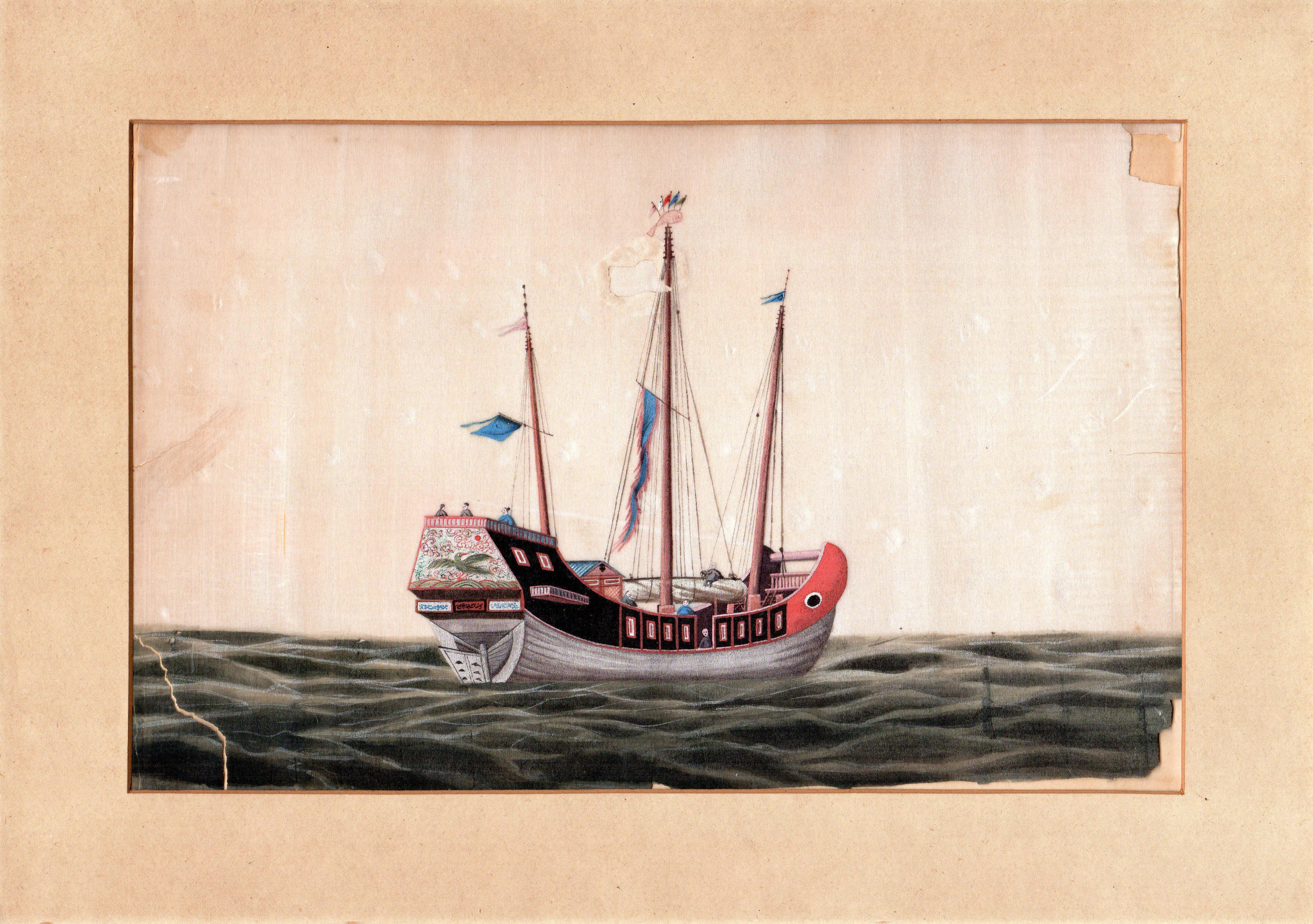 Peint à la main Ensemble de trois peintures à la moelle épinière d'exportation chinoise du XIXe siècle représentant des jonques en vente