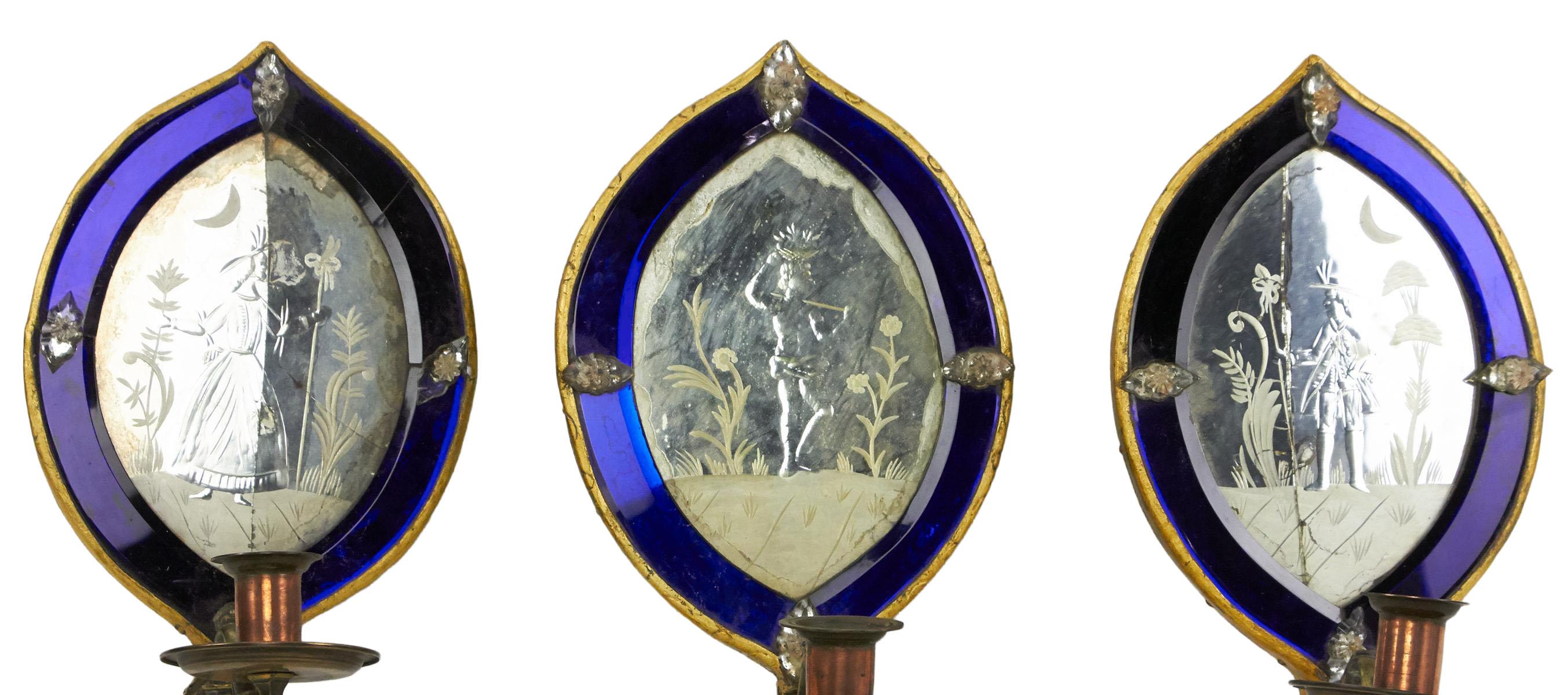 Set of Three 19th Century English Cobalt Sconces For Sale 4