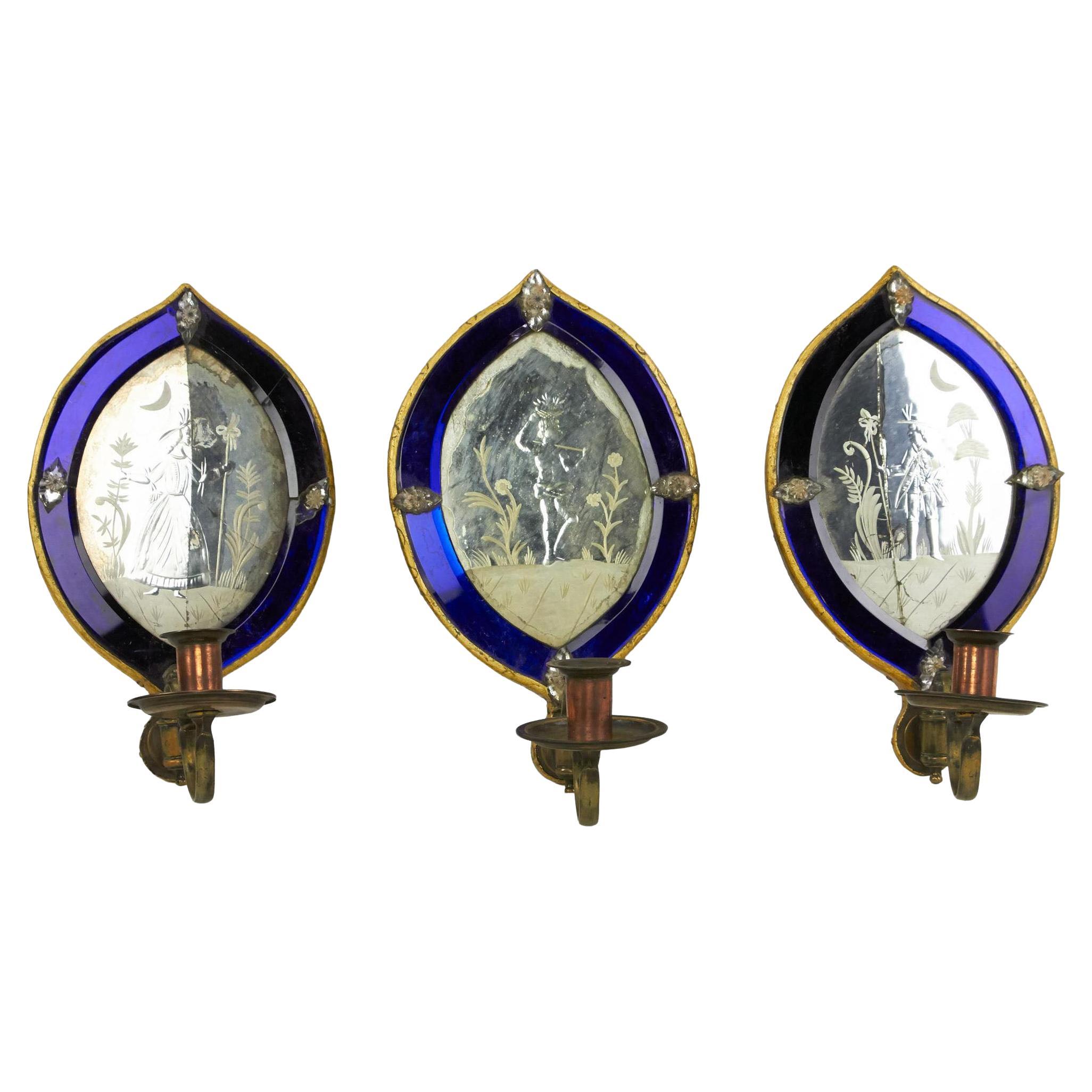 Set of Three 19th Century English Cobalt Sconces For Sale