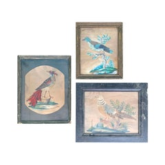 Set of Three 19th Century English Framed Watercolor and Feather Birds