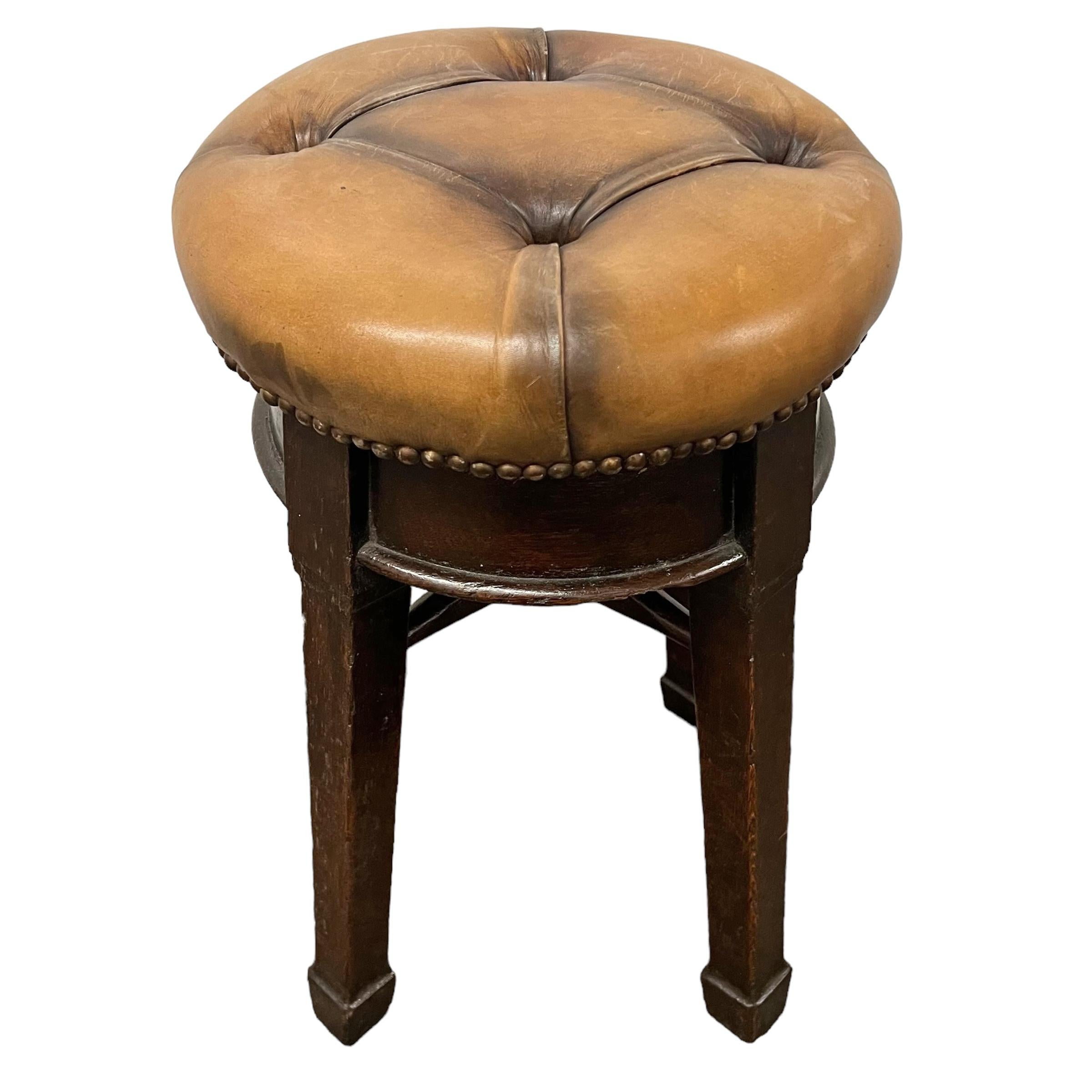 Leather Set of Three 19th Century English Pub Stools For Sale