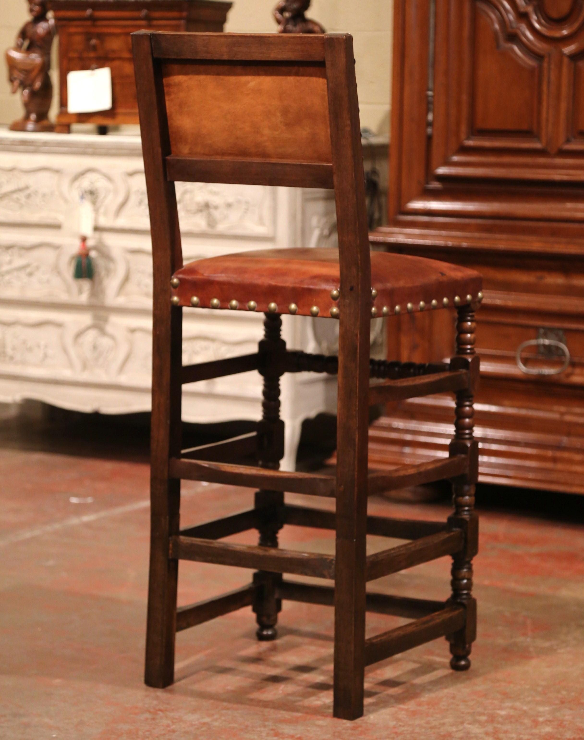 Set of Three 19th Century French Carved Oak and Brown Leather Bar Stools 6