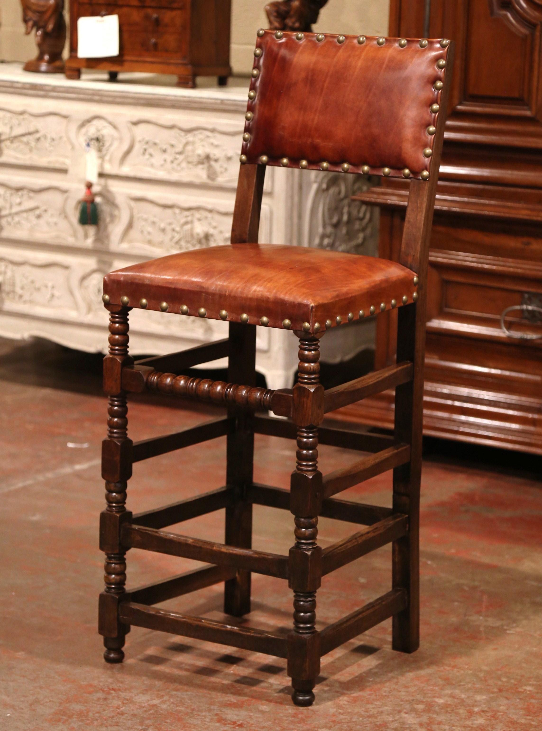 Set of Three 19th Century French Carved Oak and Brown Leather Bar Stools In Excellent Condition In Dallas, TX